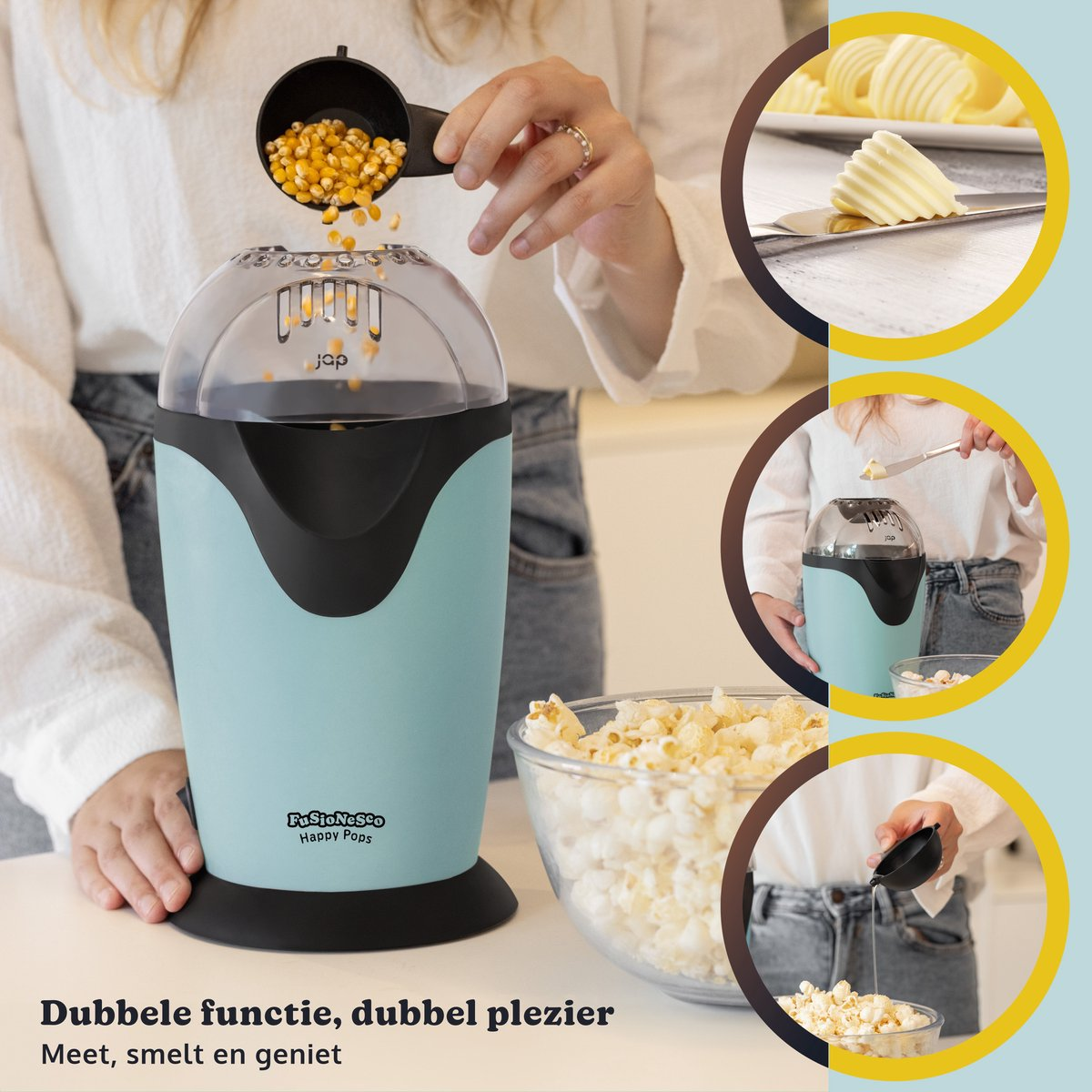 Blue popcorn maker with a person pouring popcorn kernels. Butter being cut and popcorn in a bowl.