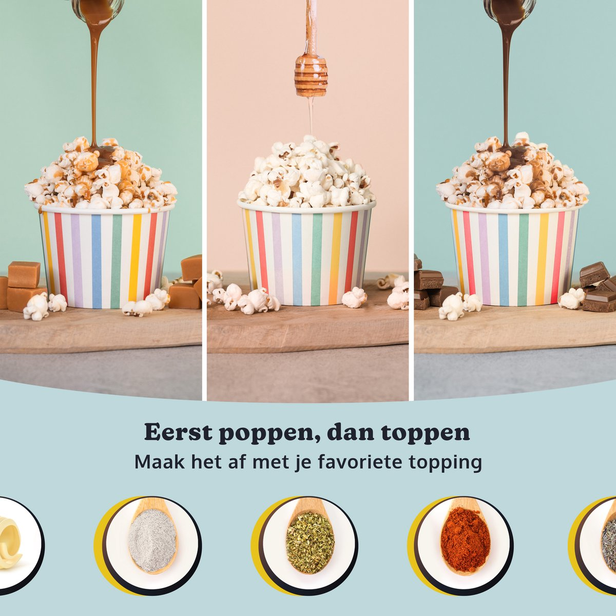 Three cups of popcorn with toppings. Chocolate, caramel and honey are poured onto the popcorn.