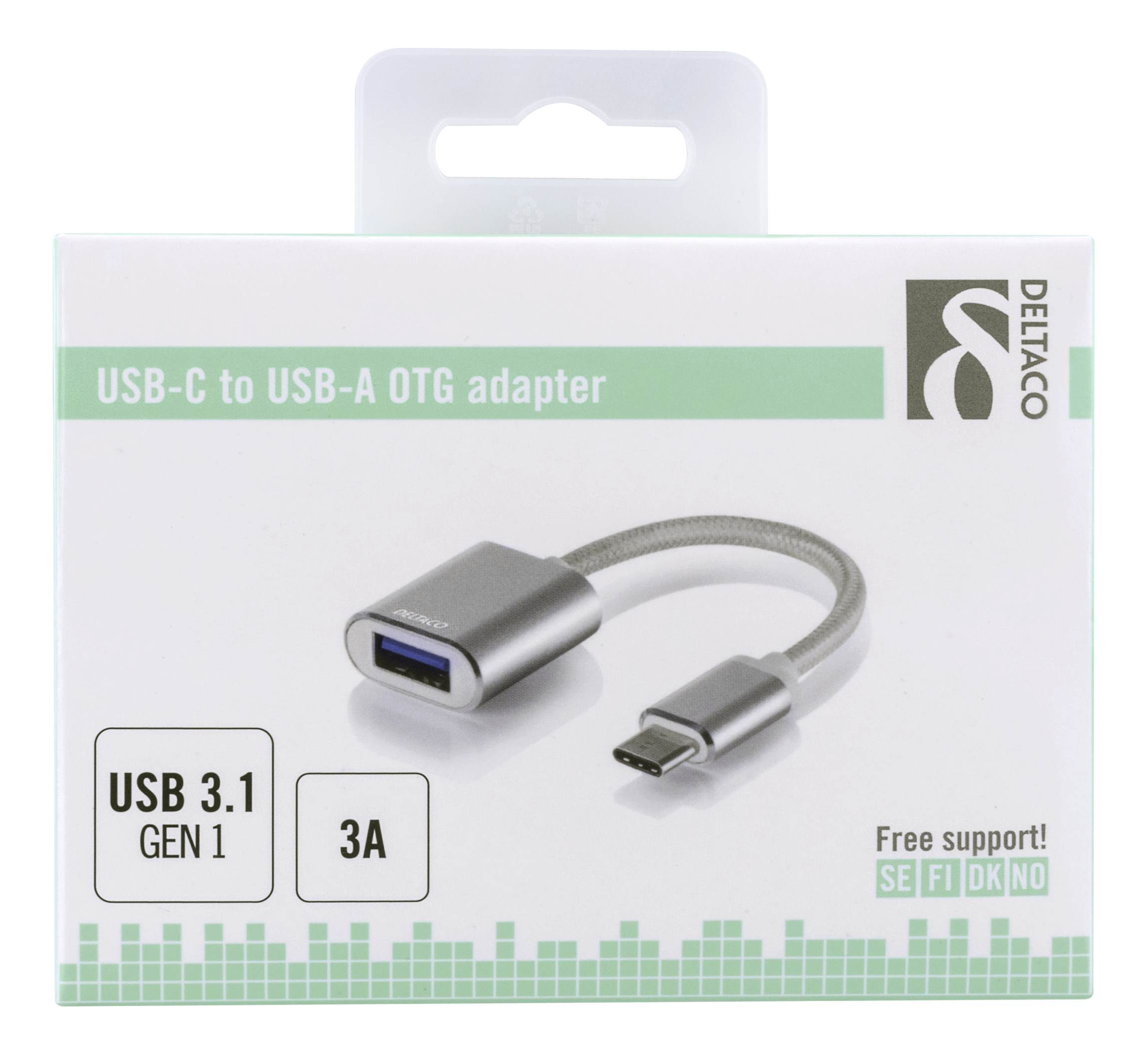USB-C naar USB-A OTG-adapter in verpakking, zilverkleurig met branding.