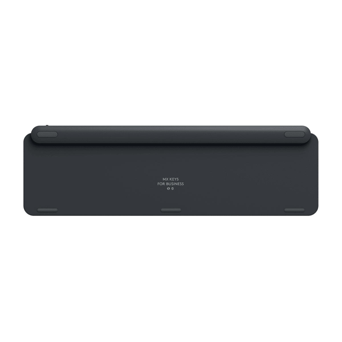 Ciemnoszara klawiatura, widok od dołu. Gładka powierzchnia z logo.