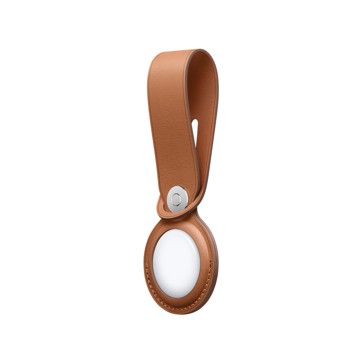 Brown leather Apple AirTag holder with a white AirTag and a silver button closure.