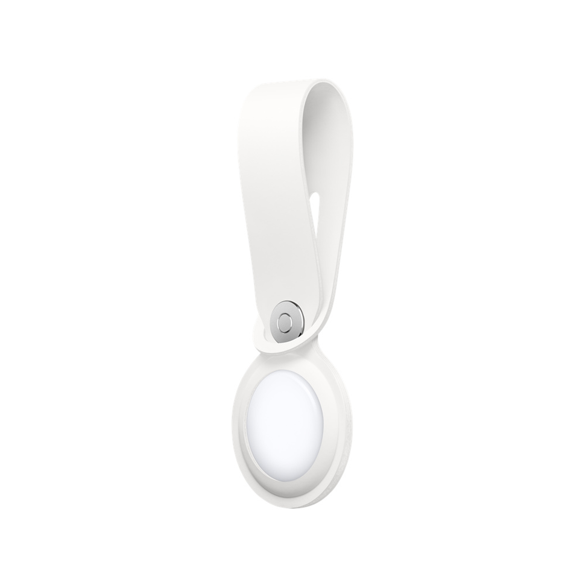 An Apple AirTag with a white loop, showing the back with the Apple logo.