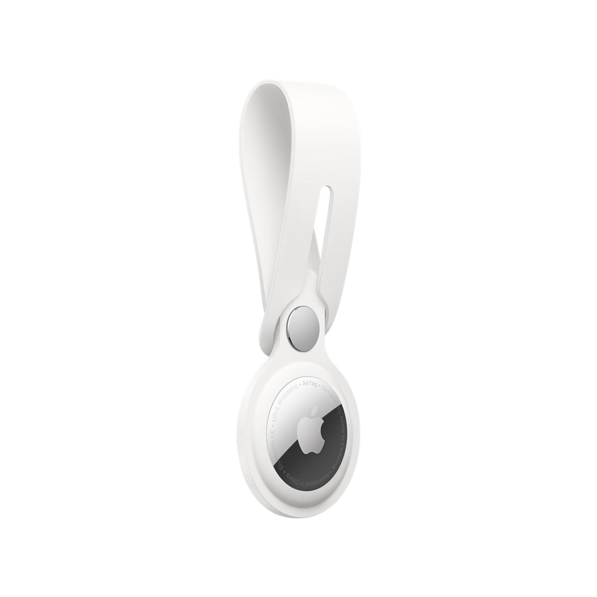 An Apple AirTag with a white loop, showing the back with the Apple logo.