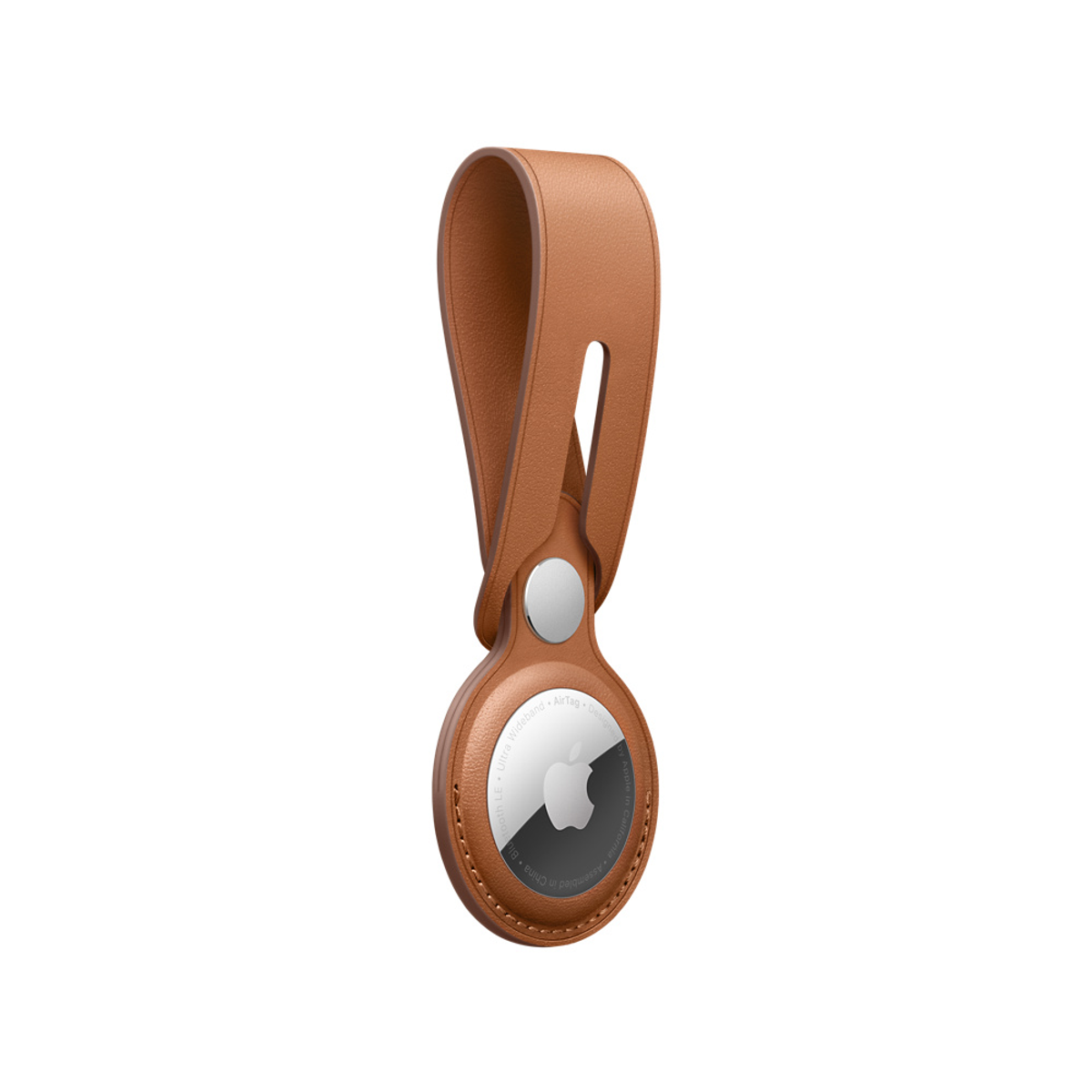 A brown leather Apple AirTag holder with a loop.