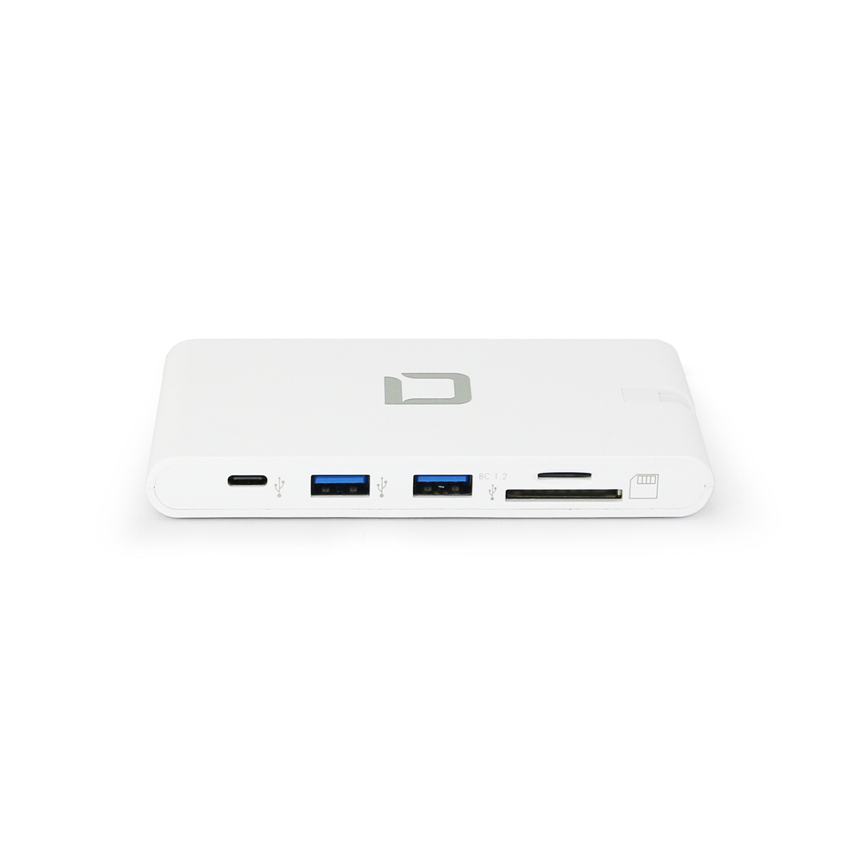 Weißes rechteckiges Gerät mit USB-, SD-Kartensteckplätzen und Logo auf der Oberfläche.