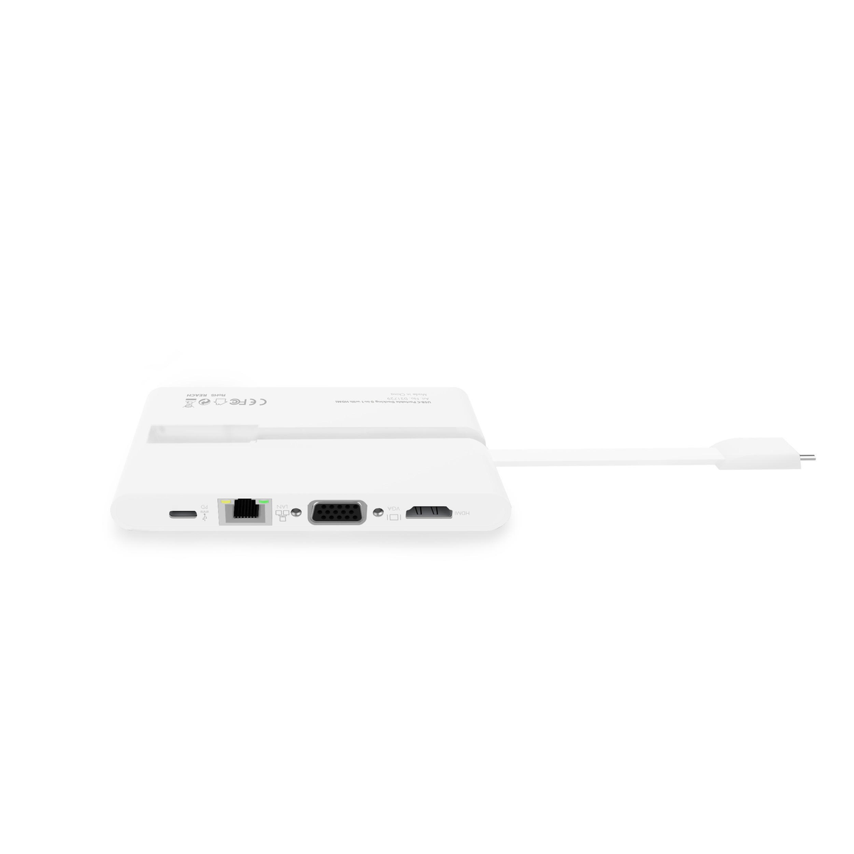 Weißer USB-C-Hub mit mehreren Anschlüssen: USB, Ethernet, VGA, HDMI und USB-C.