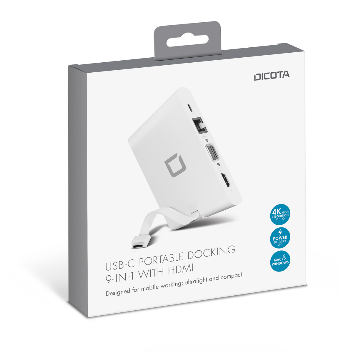 Weiße Box mit Dockingstation. Es hat einen USB-C-Anschluss und HDMI. Die Marke ist Dicota.