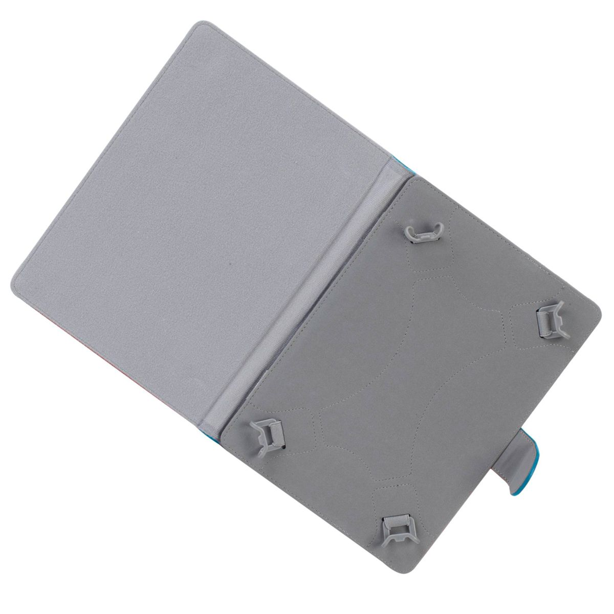 Custodia per tablet grigia, aperta, su sfondo bianco. La custodia è aperta, con il tablet all'interno.