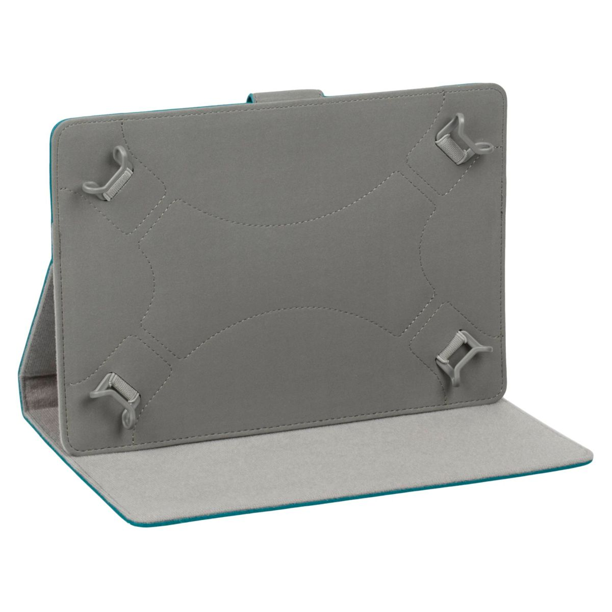 Custodia per tablet, esterno grigio con fodera turchese, aperta. Con cinghie per fissare il tablet.