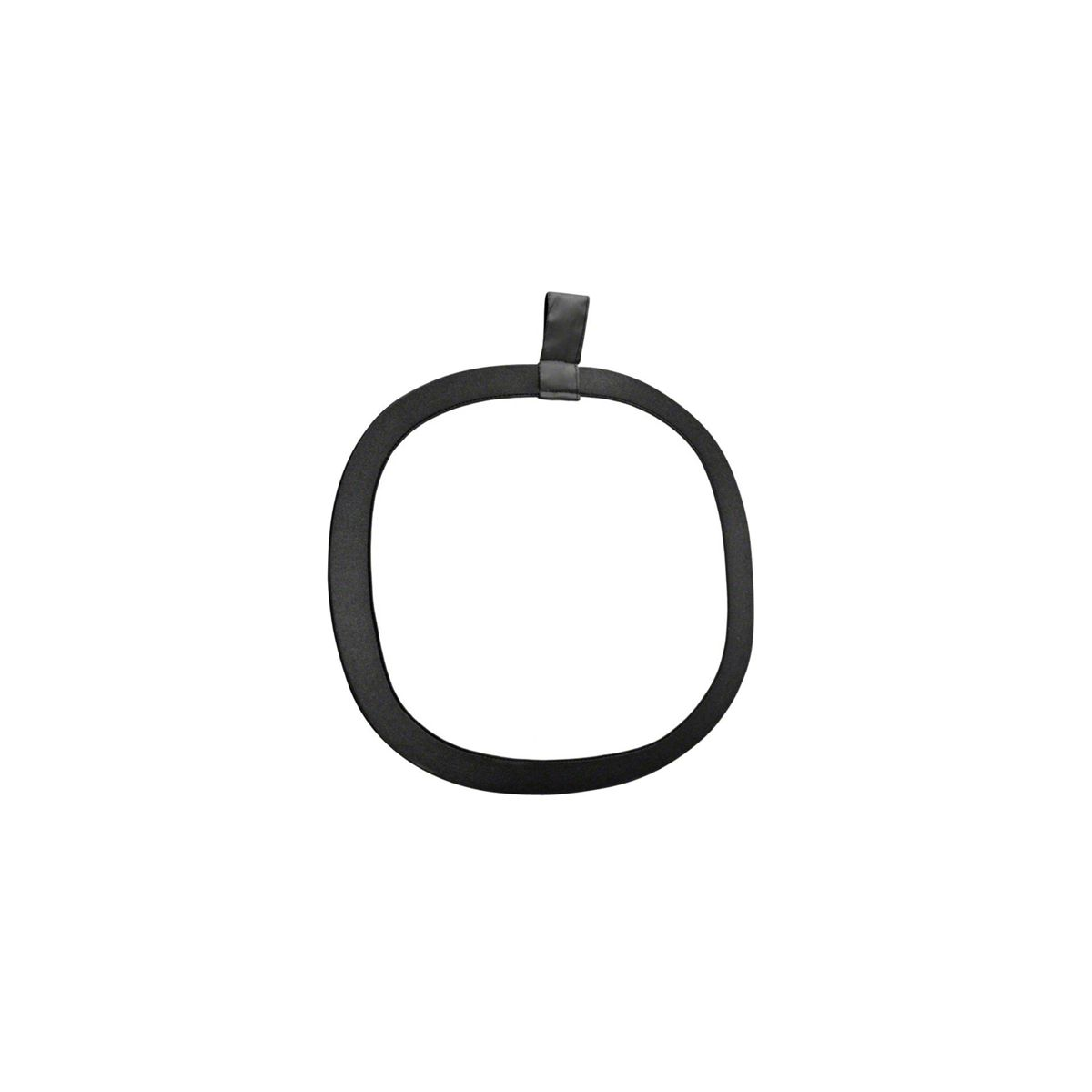 Czarny, okrągły, składany reflektor do fotografii, z ramą pokrytą tkaniną.