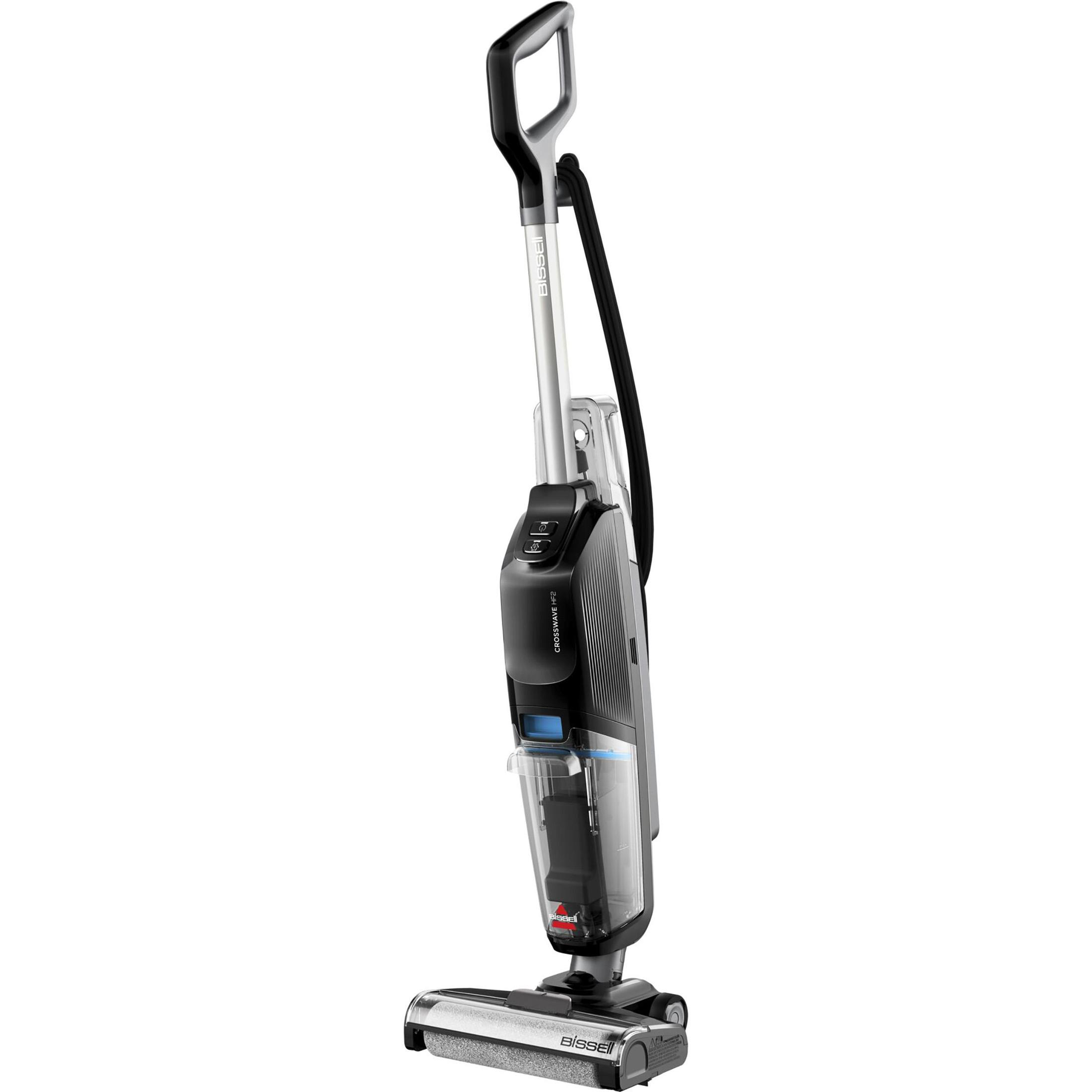 Pionowy czarno-szary odkurzacz Bissell CrossWave HydroSteam. Widoczny górny uchwyt, przezroczysty zbiornik na wodę i głowica szczotki.