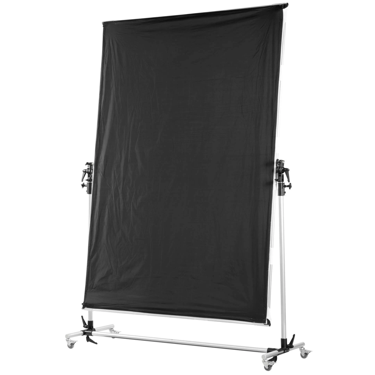 Ein großer schwarzer Hintergrund auf einem rollenden Metallrahmen. Perfekt für Fotostudios und Videodrehs.