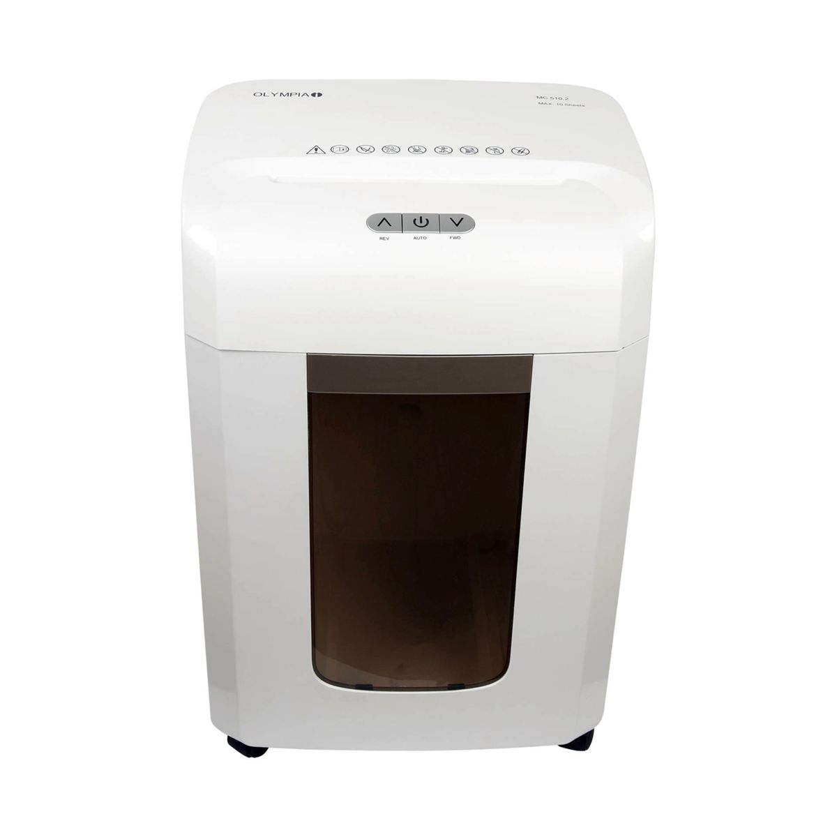 Biała niszczarka papieru z czarnym okienkiem i przyciskami sterowania.