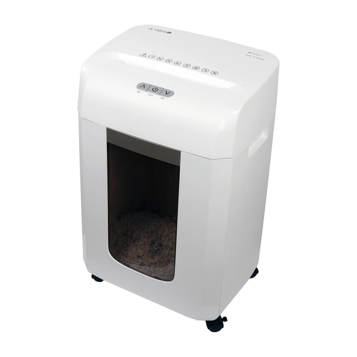 Biała niszczarka do papieru. Widok z góry, z otwartym pojemnikiem na pocięty papier.