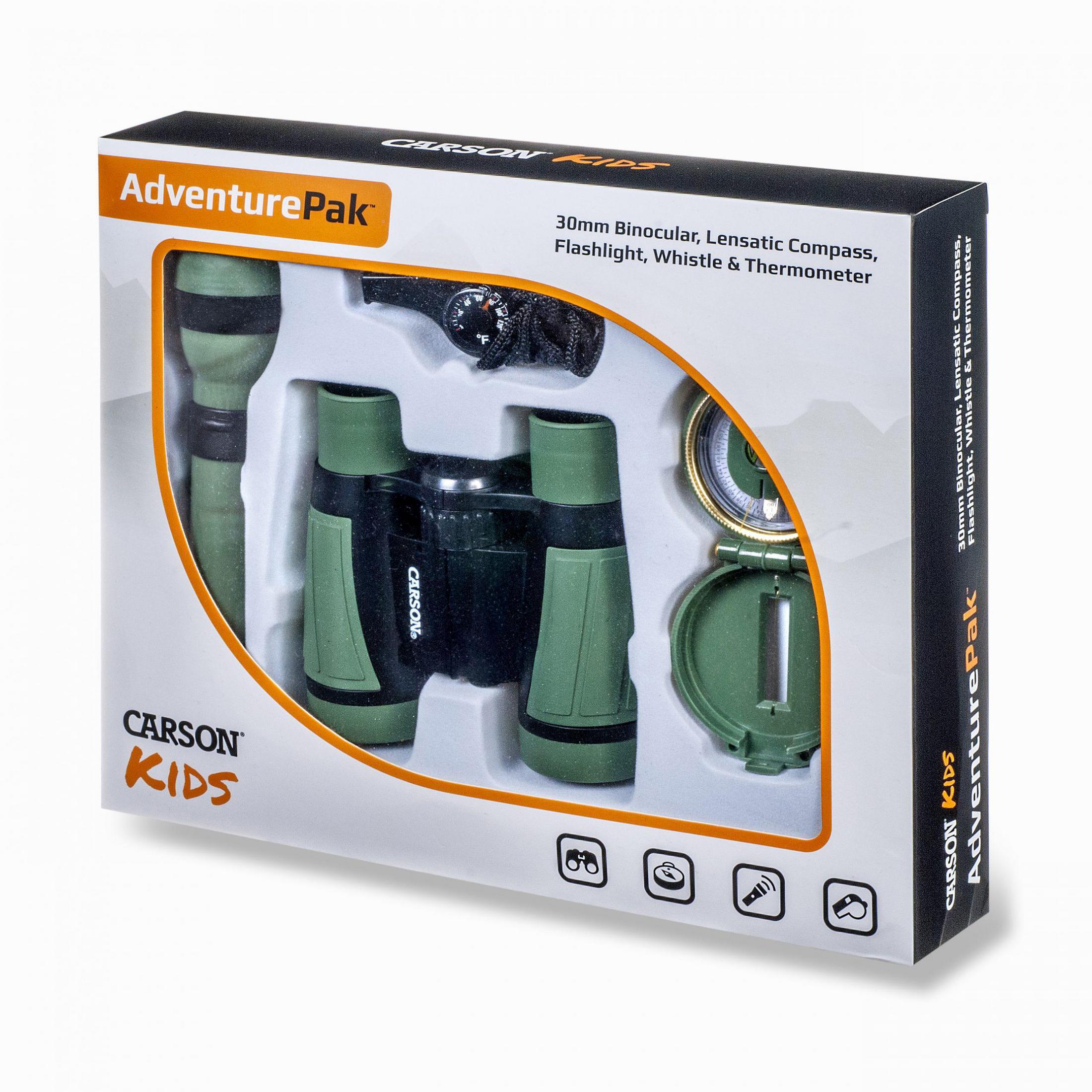 Abenteuer-Kit-Box mit Fernglas, Kompass und anderen Gegenständen. Grün und Schwarz.