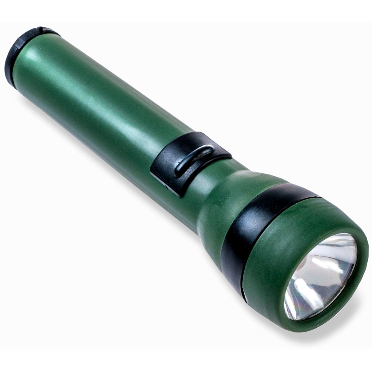 Grüne Taschenlampe mit schwarzen Details auf weißem Hintergrund. Das Licht ist an und leuchtet. Schräge Ansicht.