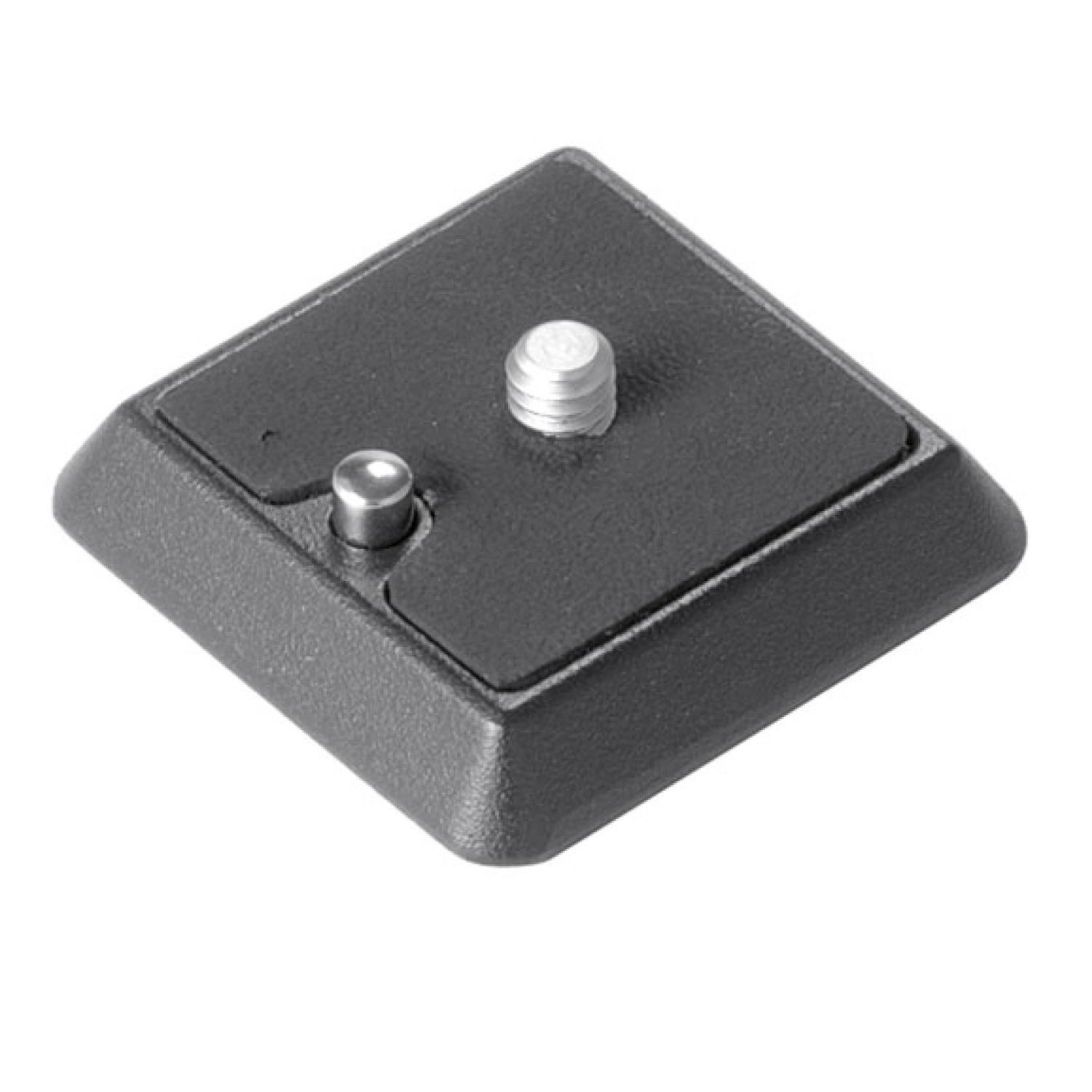 Schwarze, quadratische Kamera-Schnellwechselplatte mit Schraube und Stift.