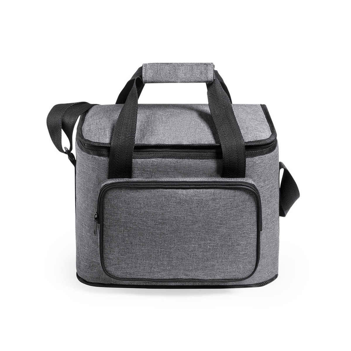 Una bolsa nevera gris con asas, bandolera y bolsillo frontal.