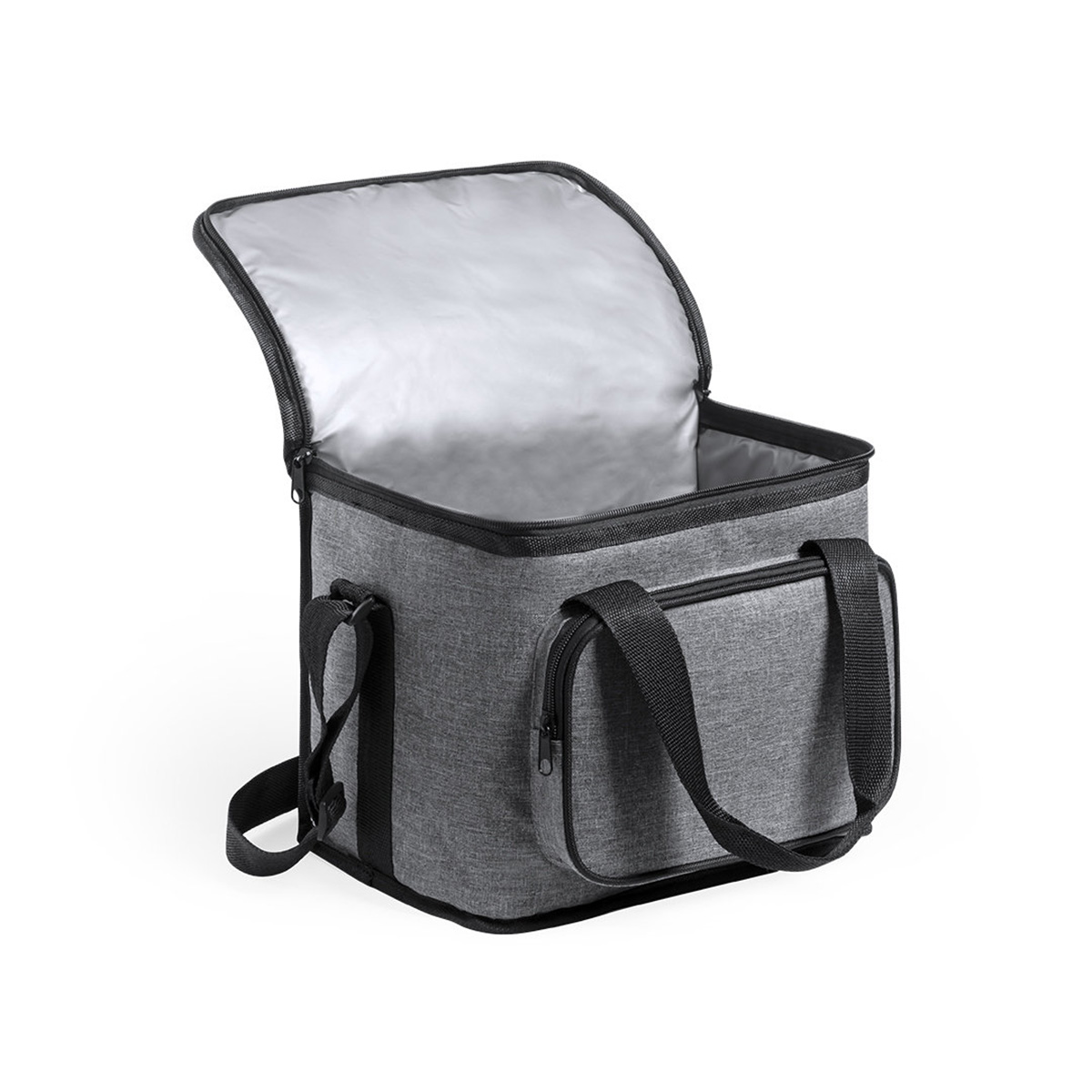 Bolsa nevera gris abierta con asa y bolsillo. Fondo blanco.