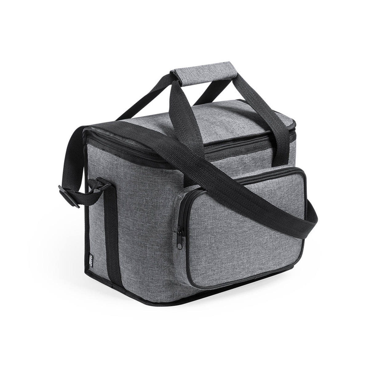 Una bolsa nevera gris con asa y correa negras. Tiene un bolsillo lateral y cremallera.