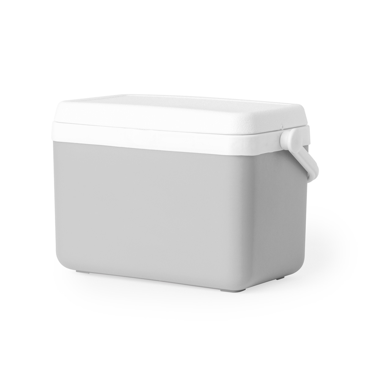 Una nevera gris y blanca, asa blanca. El fondo es blanco.