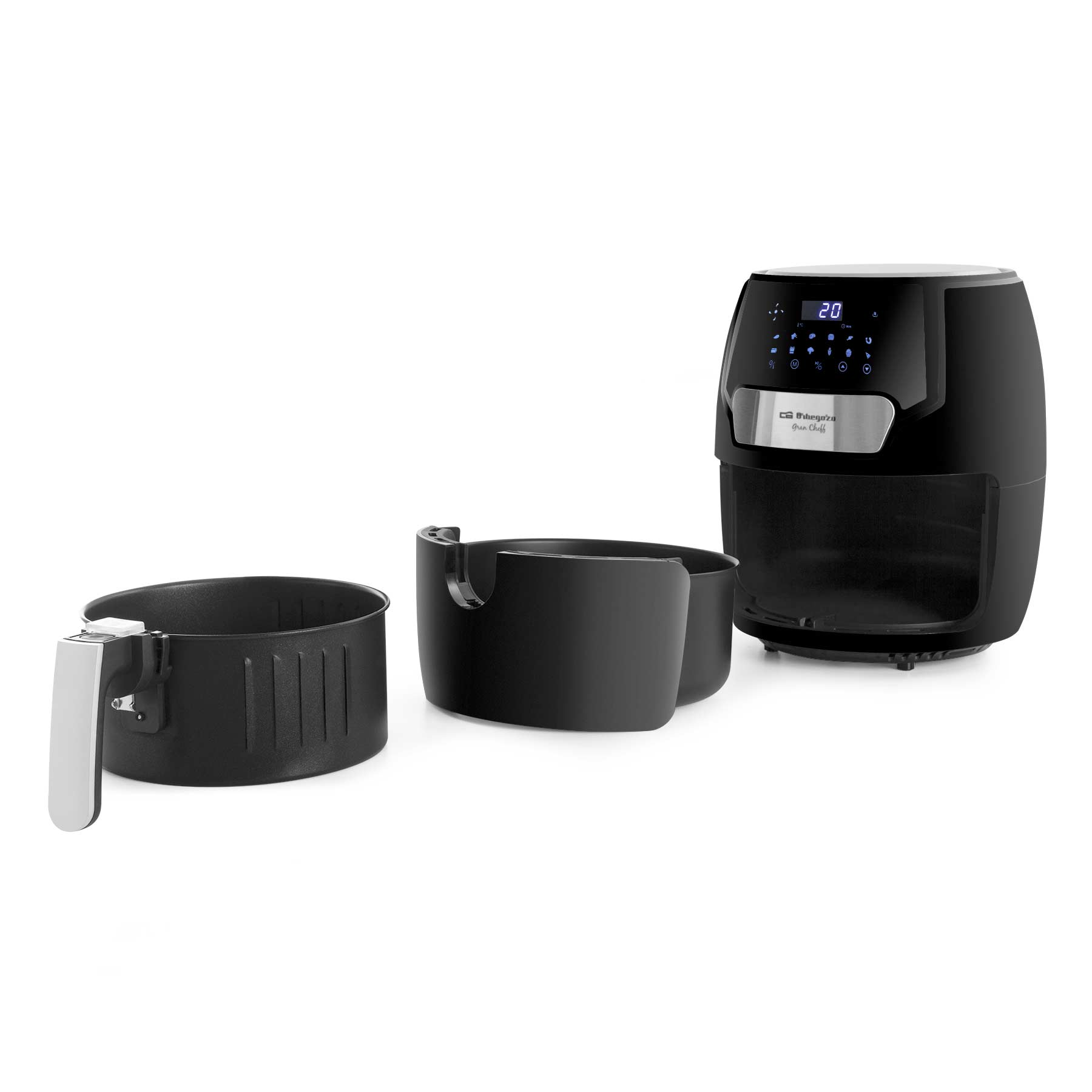 Czarna frytkownica powietrzna z wyjmowanym koszem i częściami na białym tle.