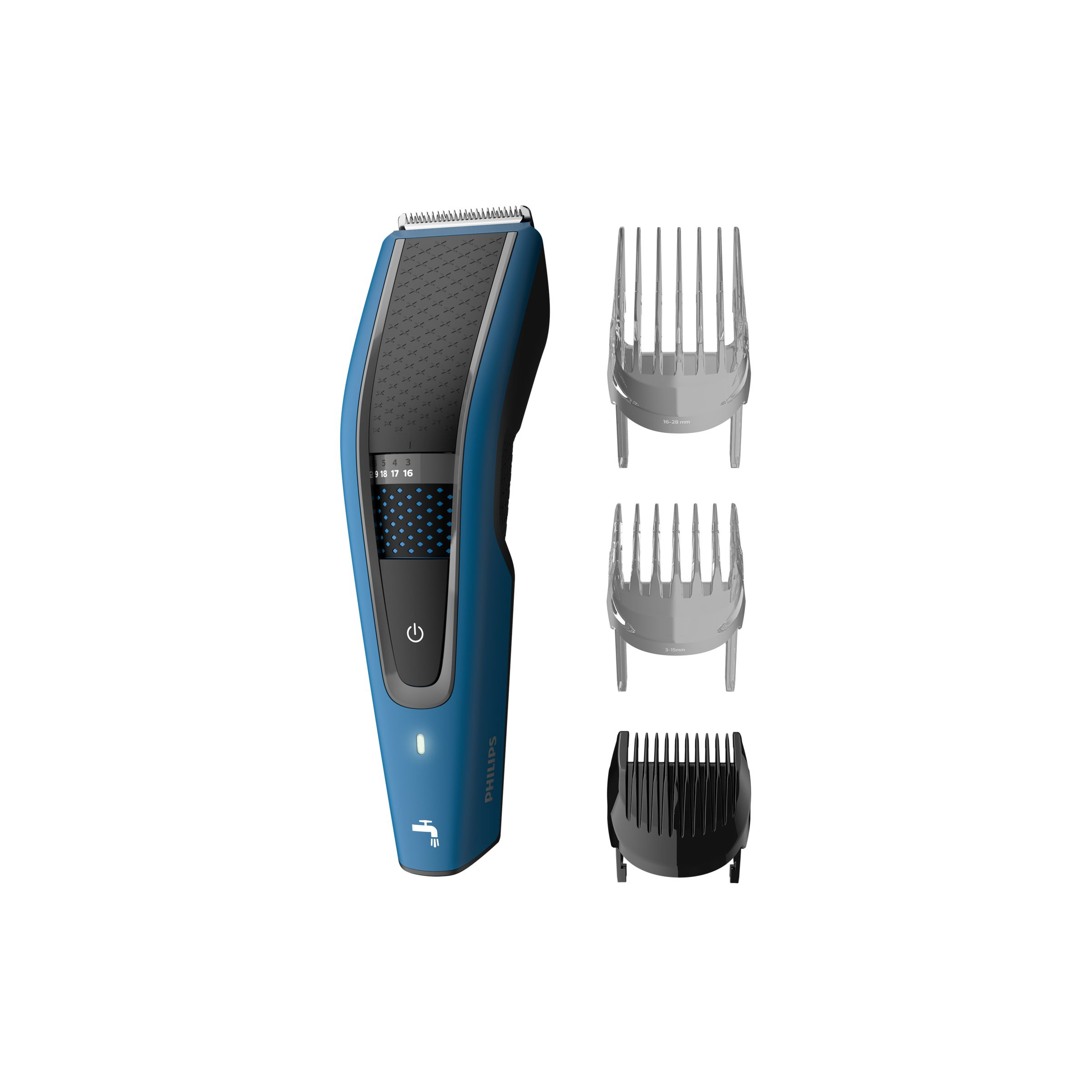 Blauer und schwarzer Philips Haarschneider mit drei verschiedenen Kammaufsätzen.