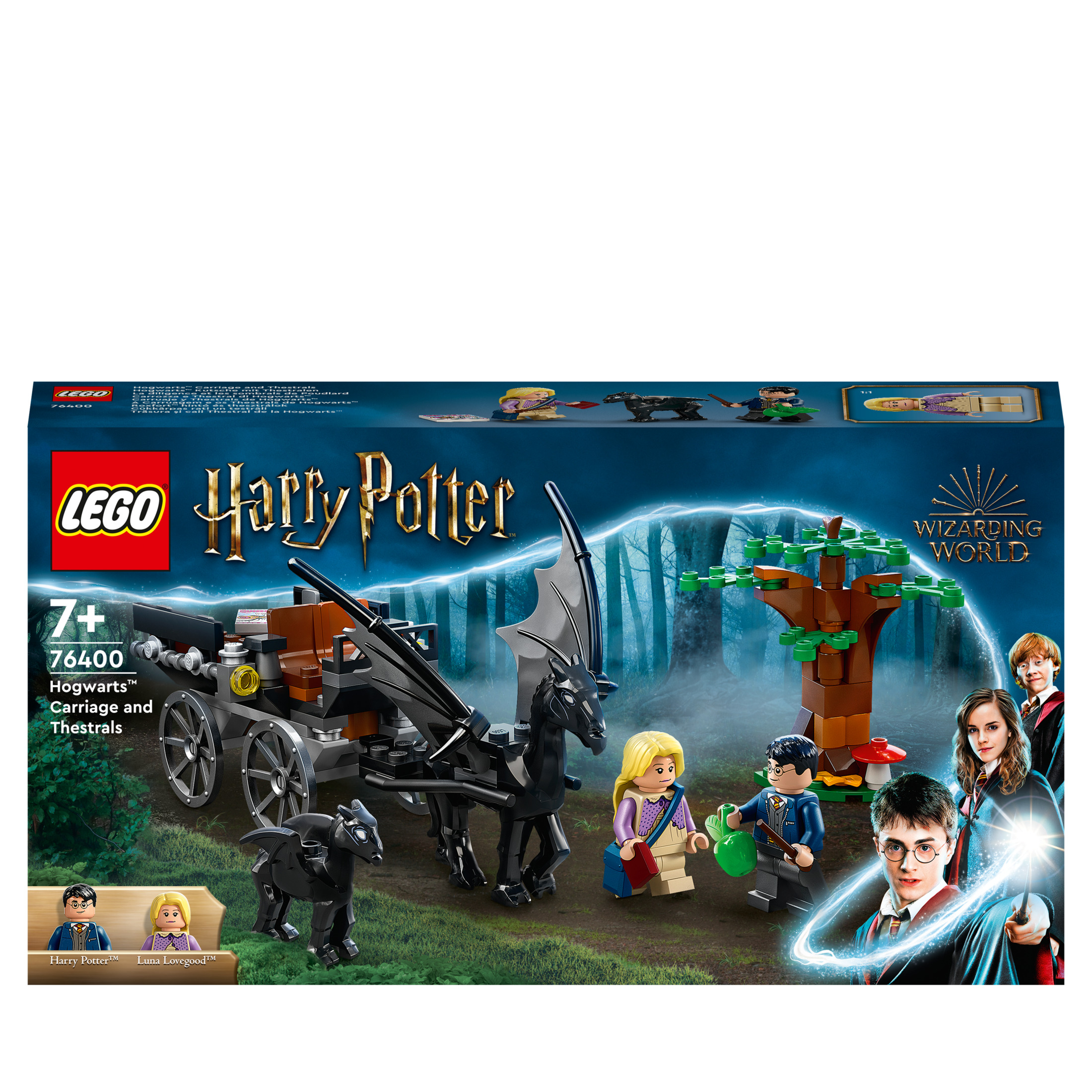 Set di scatole LEGO Harry Potter che mostra una carrozza, Thestral e personaggi.