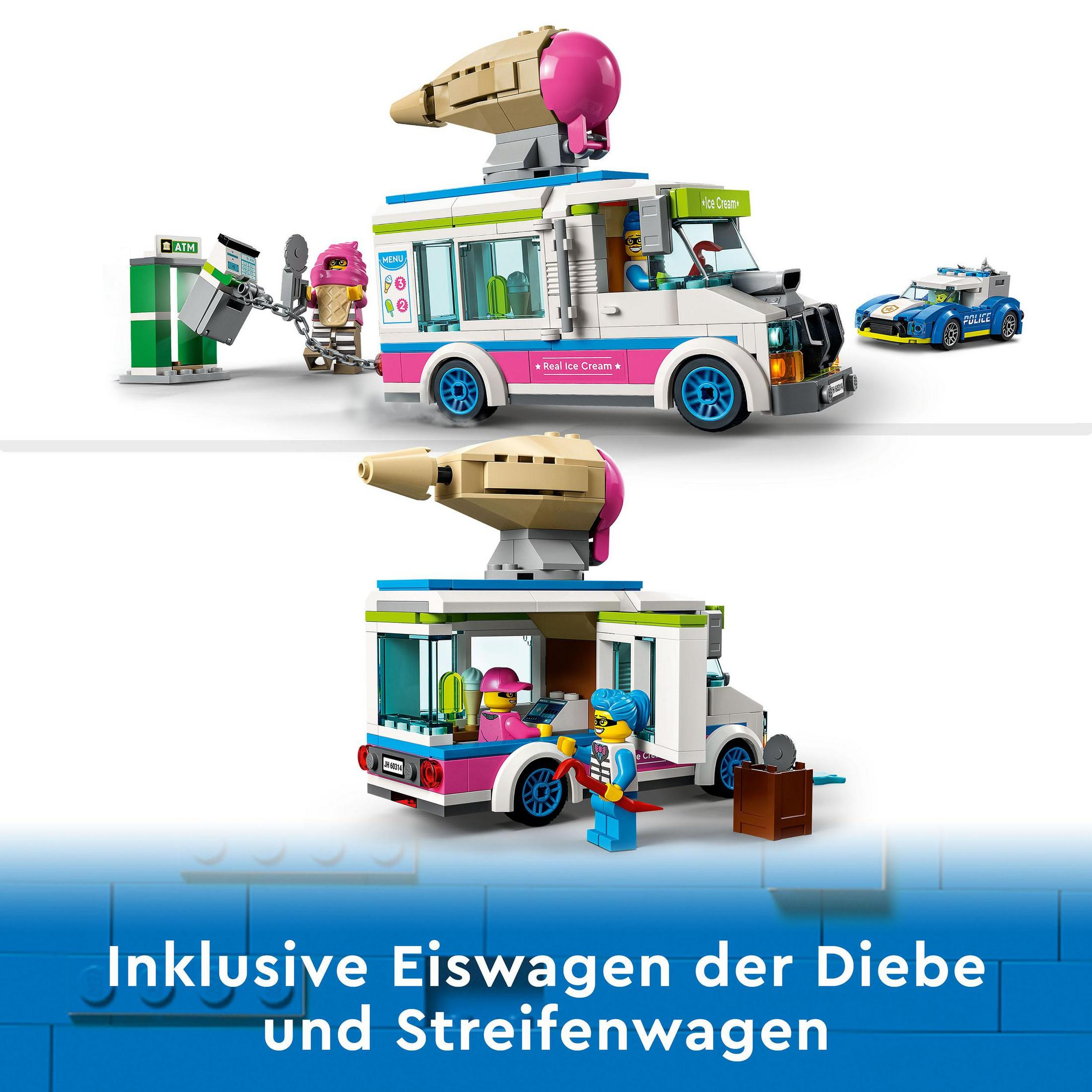 Ein Lego-Eiswagen mit Figuren und einem Polizeiauto. Der LKW ist weiß, rosa und blau.
