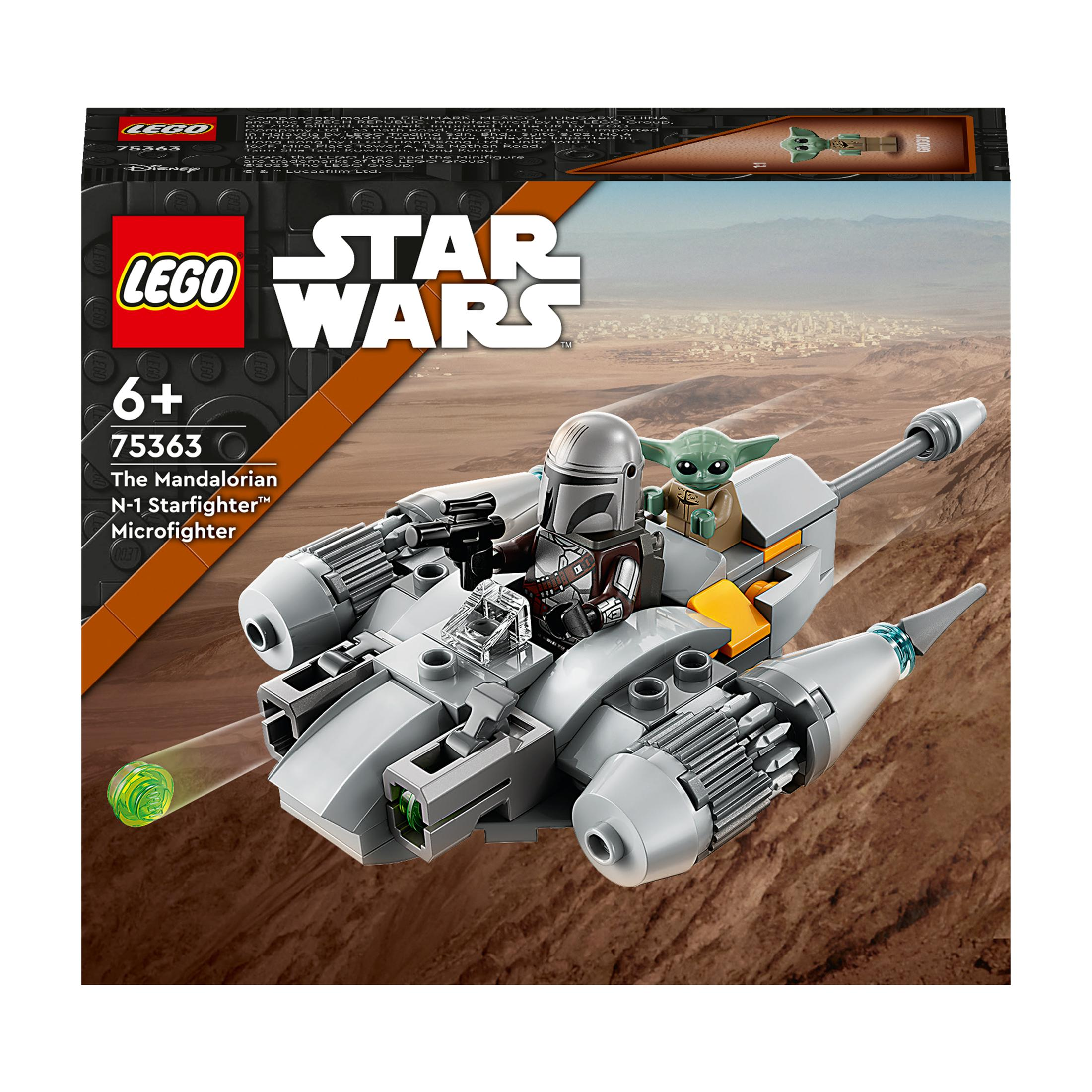 Lego Star Wars Set mit einem Mandalorianer-Schiff, Grogu und Wüstenhintergrund.