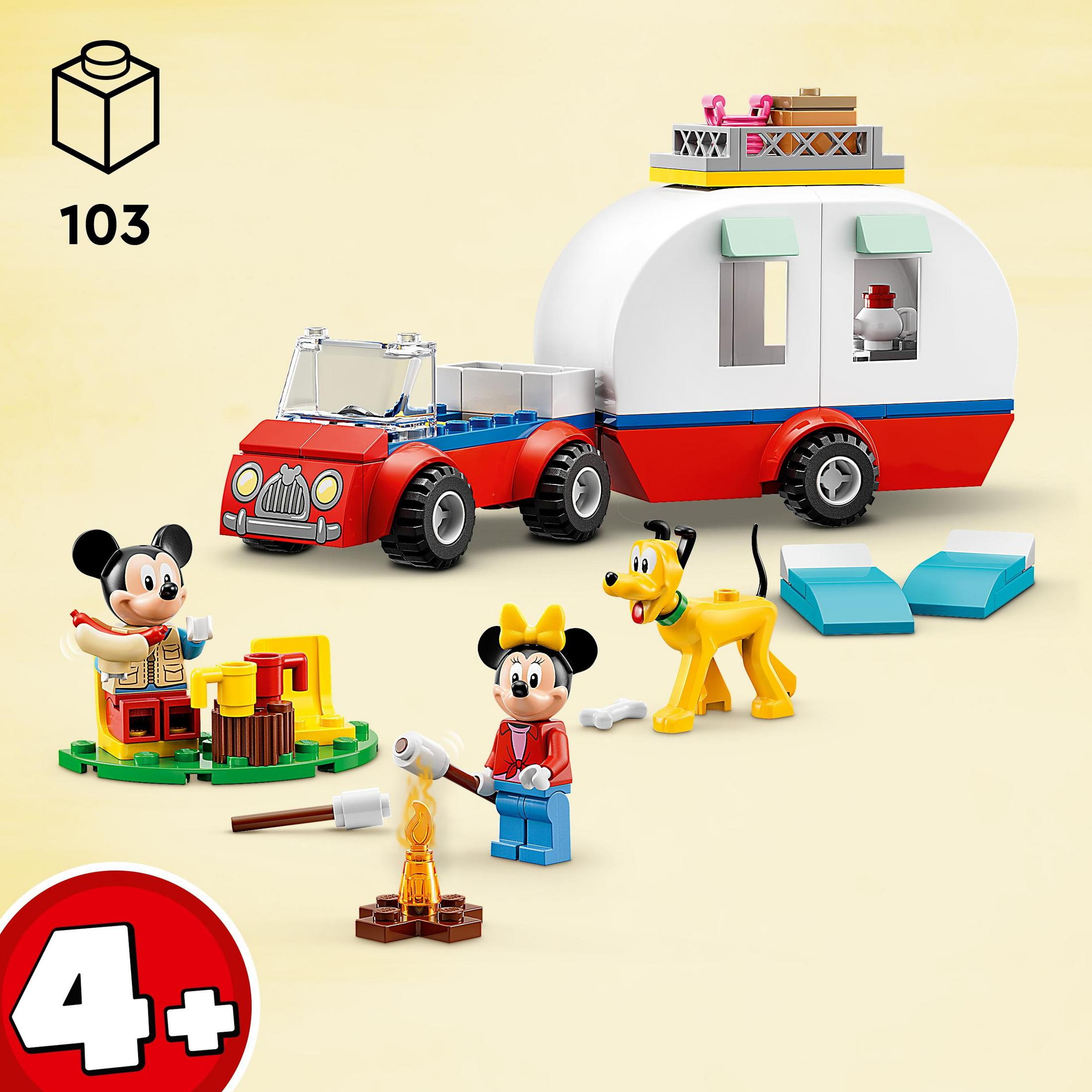 Mickey ve Minnie Mouse, Pluto, bir araba ve bir römork içeren Lego seti. Set sarı bir zeminde duruyor.