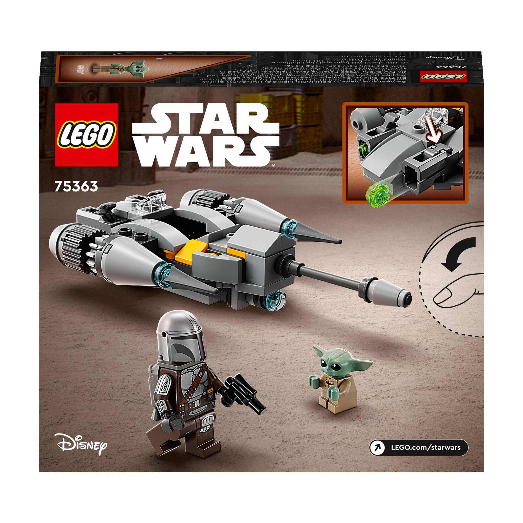 Eine LEGO Star Wars Set-Box mit einem Raumschiffmodell, einem Mandalorianer und Grogu-Spielfiguren.