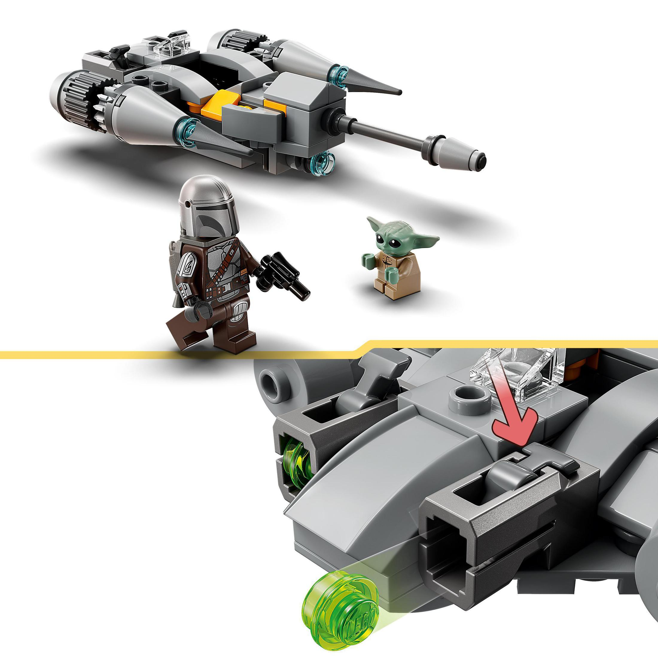 Lego-Set mit Mandalorianer- und Grogu-Figuren. Ein graues Schiff ist ebenfalls abgebildet.