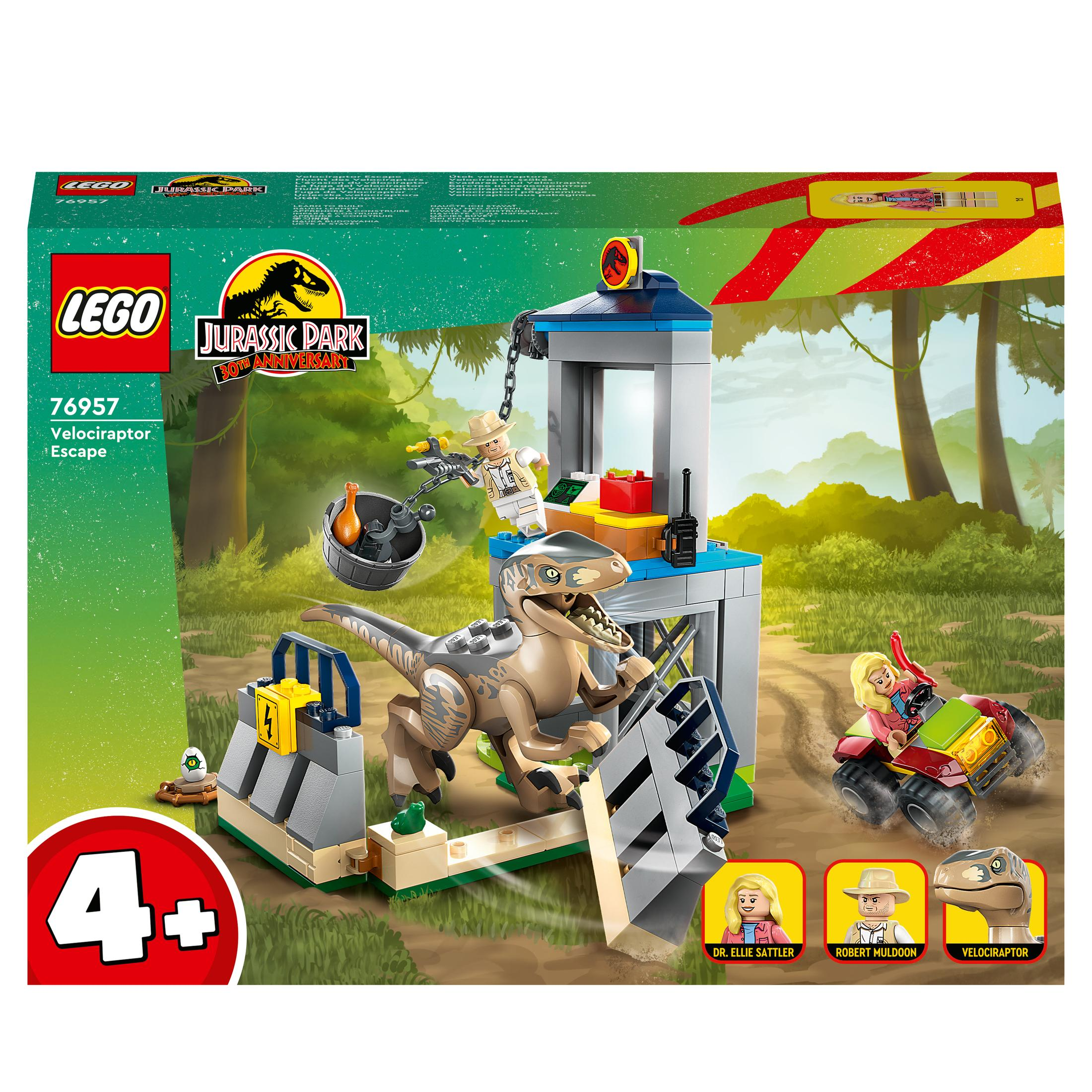 Lego Jurassic Park Box, Dinosaurier, Charaktere und Fahrzeuge werden gezeigt.