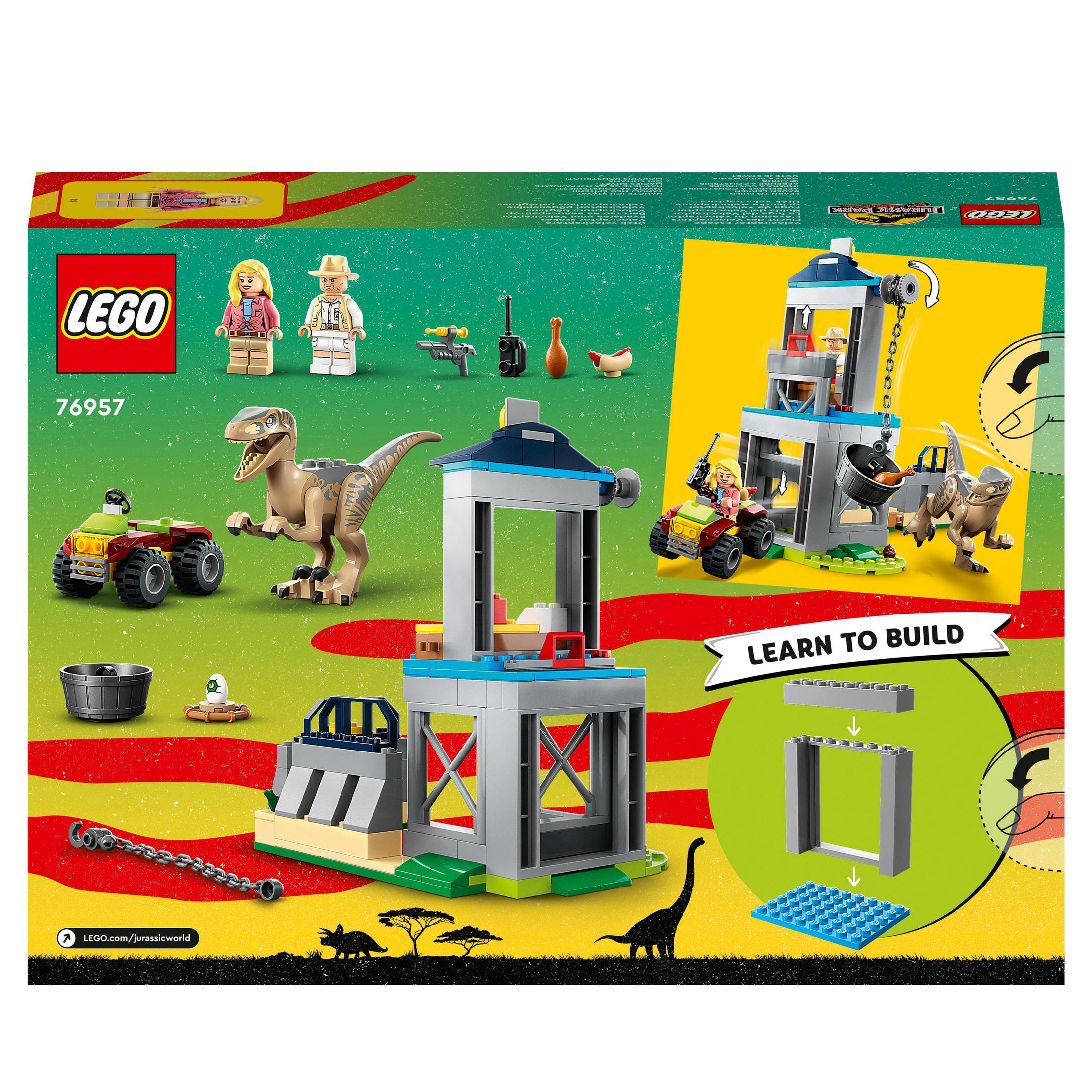 LEGO Jurassic World Set mit Figuren, Dinosauriern und einem Gebäude. Hellbunter Hintergrund.
