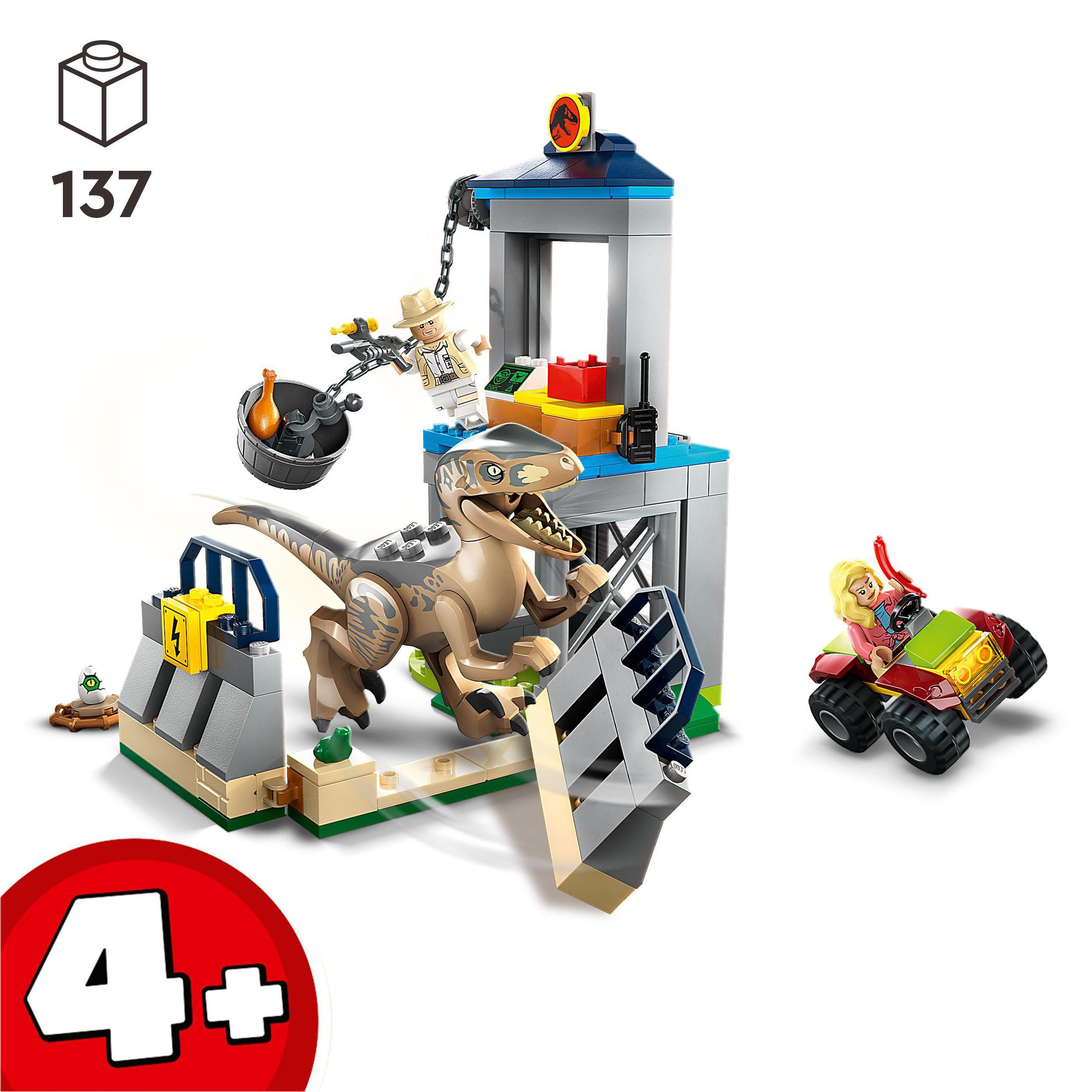 Lego Jurassic Park Szene. Enthält einen Dinosaurier, einen Truck und eine Lego-Figur.
