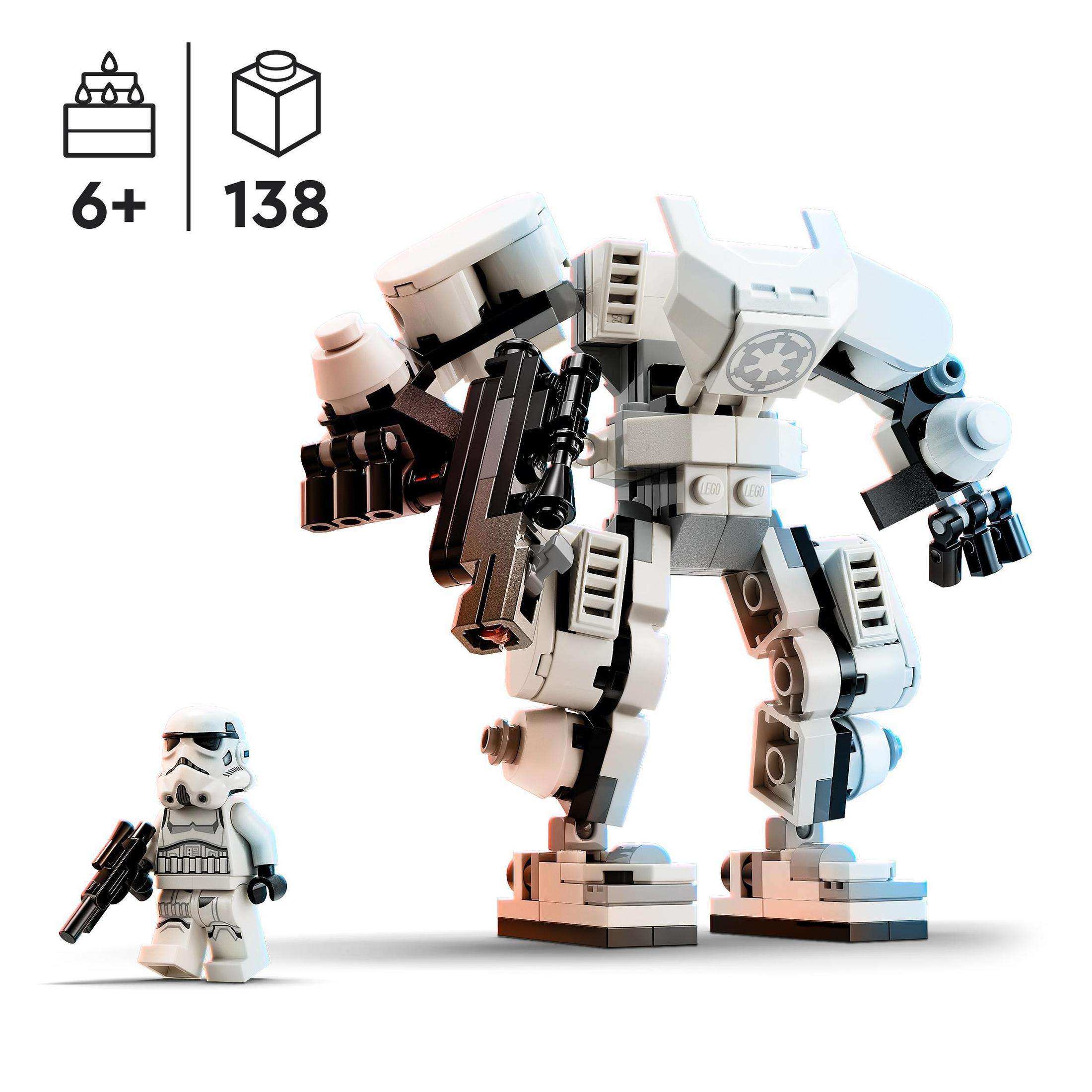 Beyaz bir mech, bir Stormtrooper minyatürü ve Lego logosu ile Lego Star Wars seti.