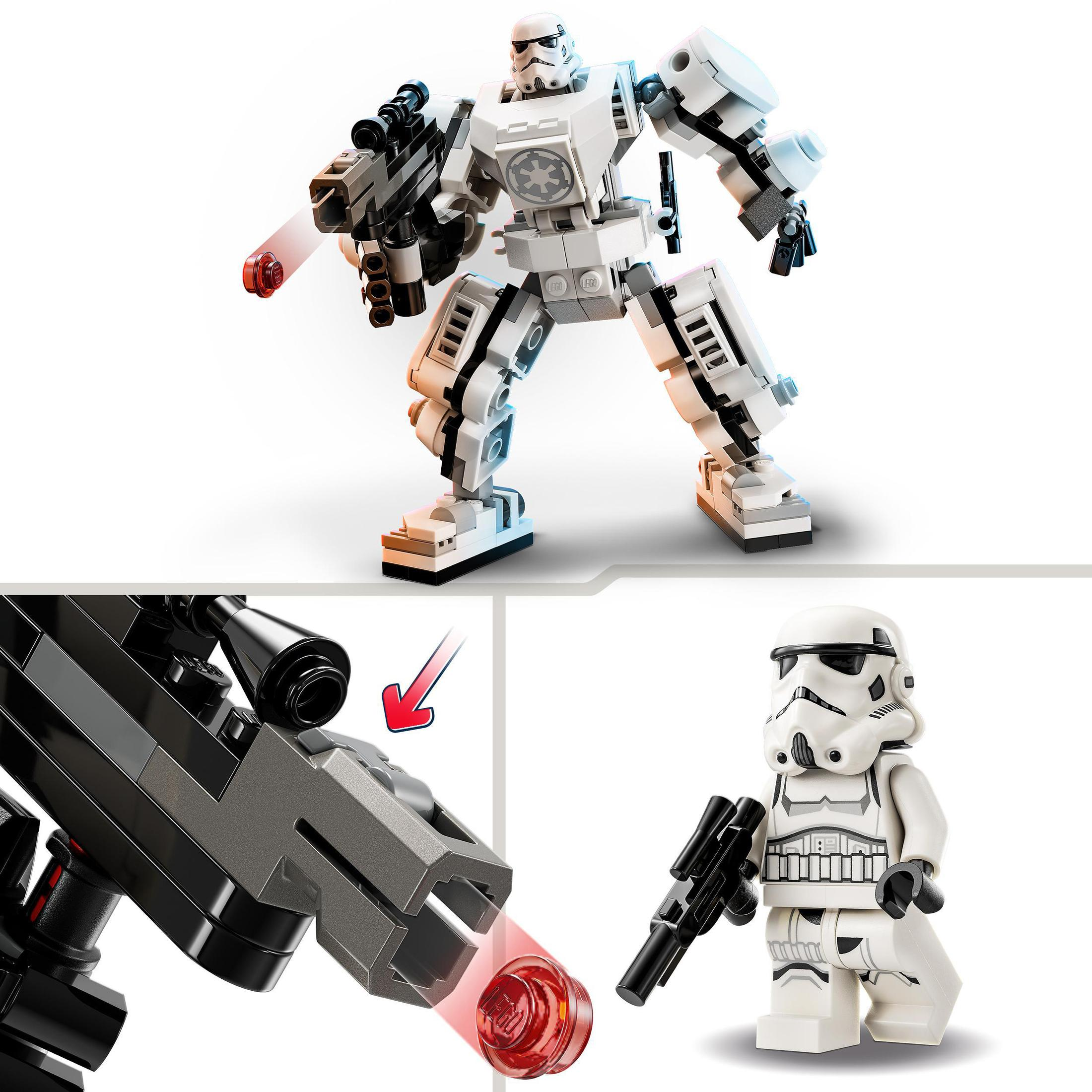 Blasterlı beyaz bir Lego Star Wars mekanik figürü. Blasterın ve küçük bir figürün yakın çekimleri.