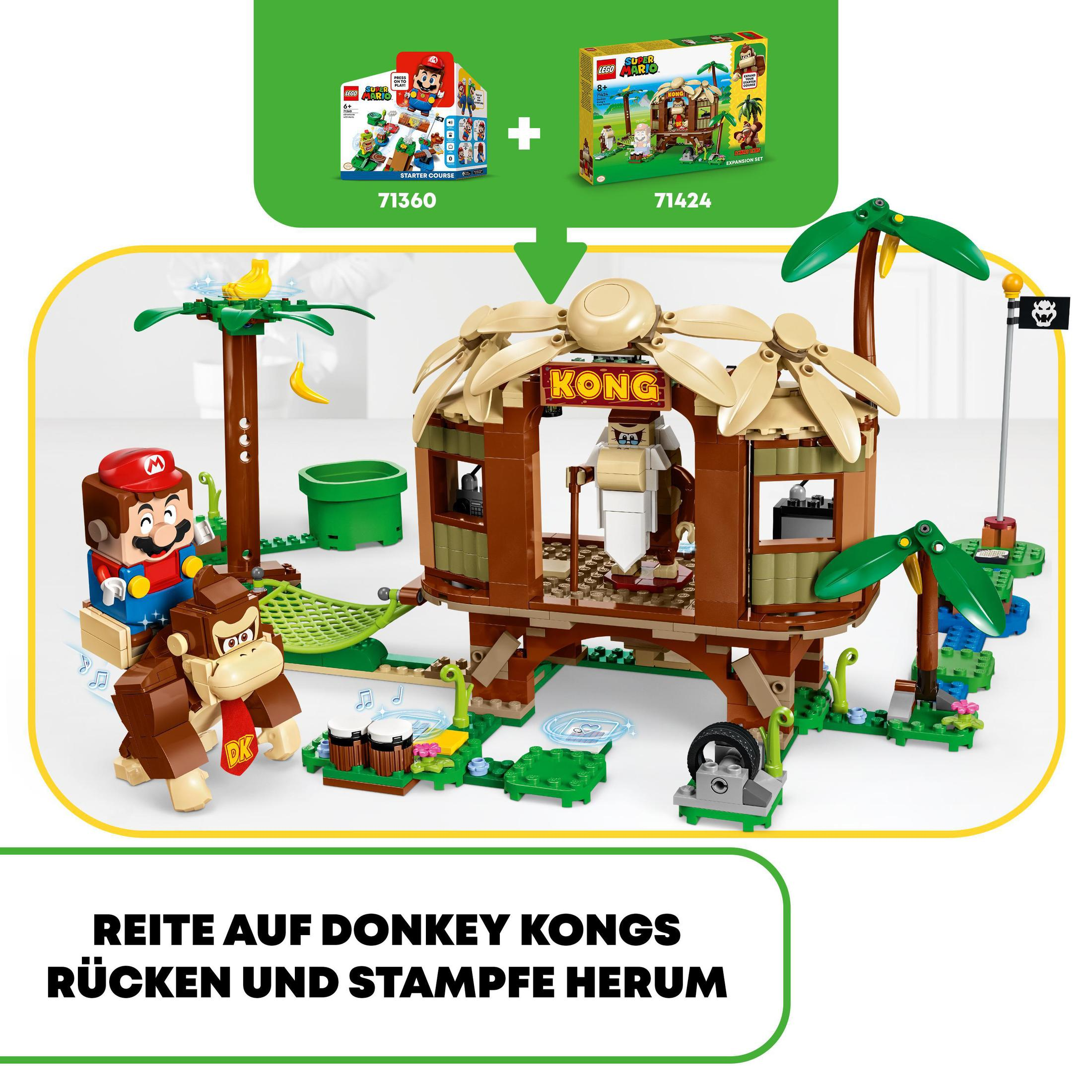 Lego-Set mit Mario- und Donkey Kong-Figuren, Hütte und deutschem Text.