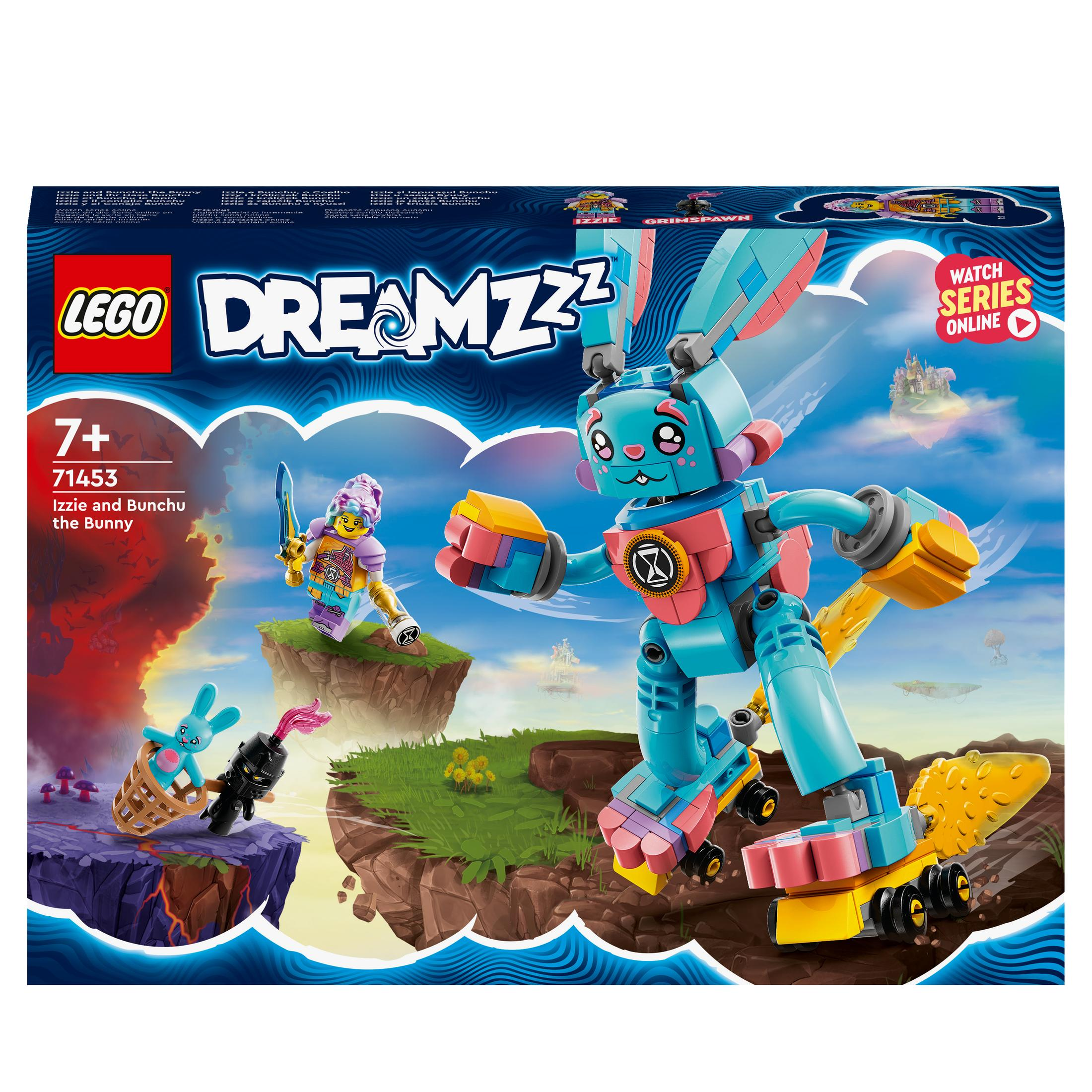 Lego Dreamzzz kutu seti. Bir tavşan robot, küçük bir tavşan ve kılıçlı bir kız gösteriyor.