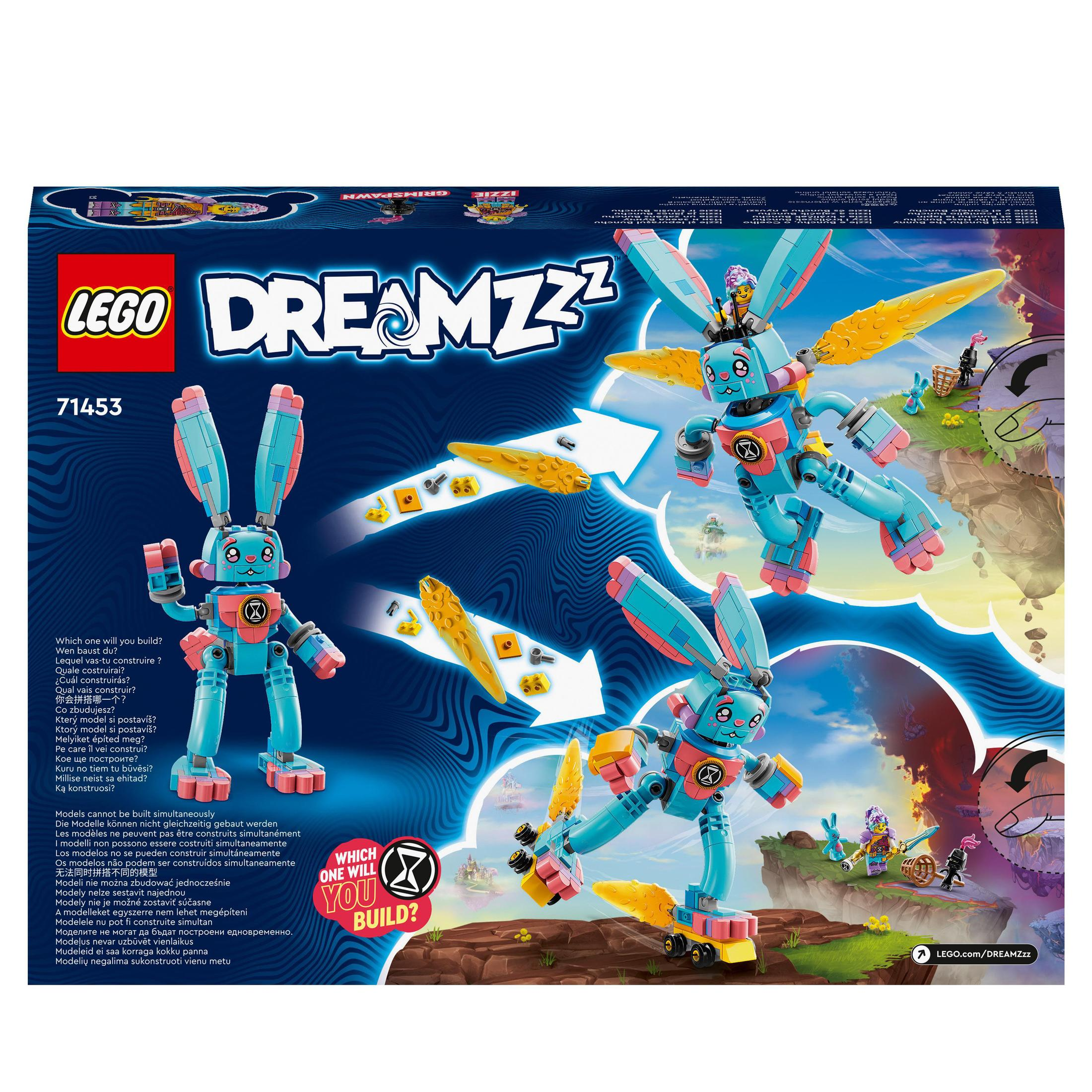 LEGO Dreamzzz setinin kutusu, üç robot tavşan yapımı ve arkasında talimatlar.
