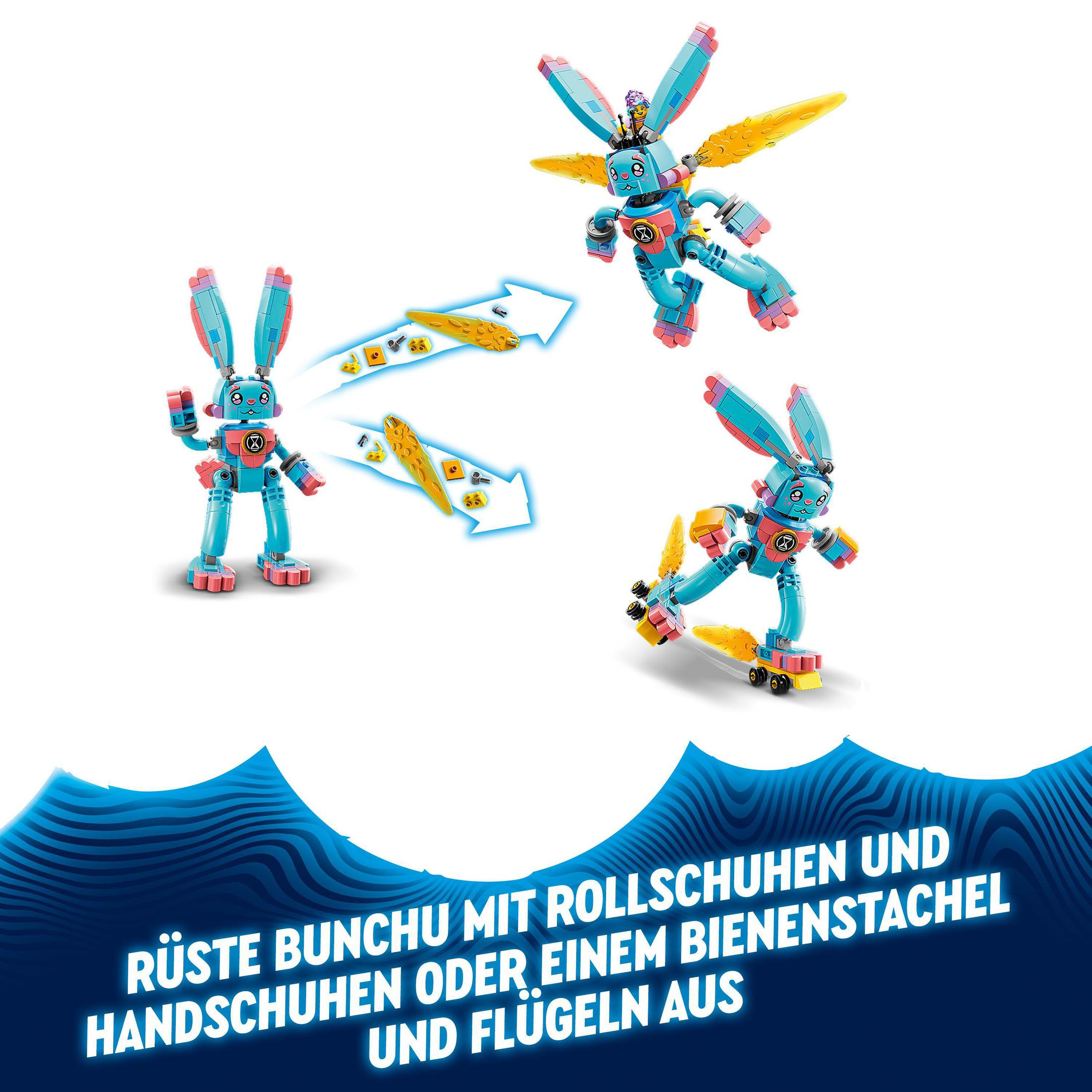 "Rüste Bunchu mit Rollschuhen..." metniyle farklı konfigürasyonlardaki oyuncak robotlar.