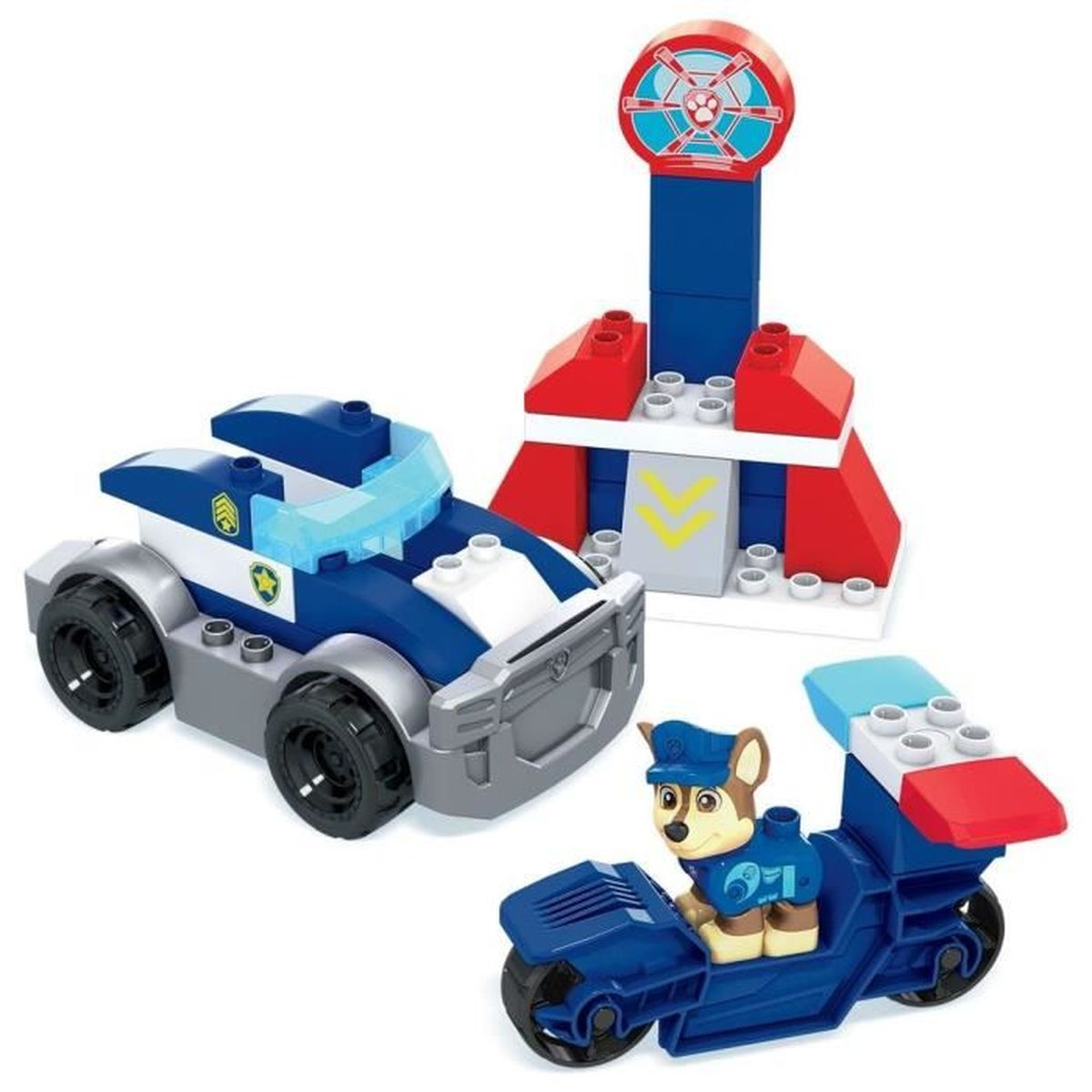 Set di giocattoli. Auto e moto della polizia blu con stazione di polizia. Personaggio Chase.