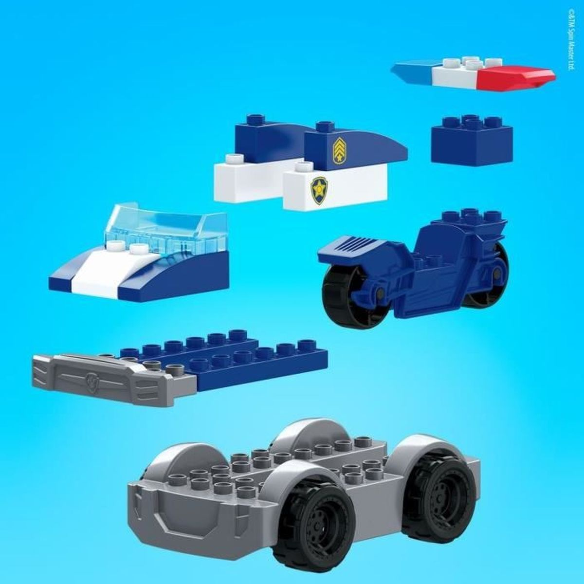 Parti di auto della polizia Lego: base dell'auto, moto e tetto. Blu e bianco. Sfondo blu.
