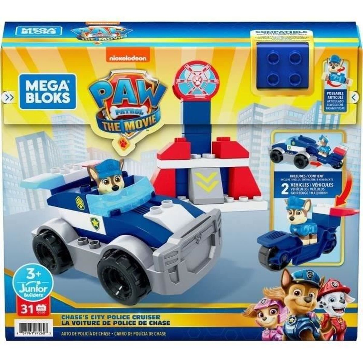 Un set di giocattoli Mega Bloks con un'auto della polizia, personaggi e mattoncini.