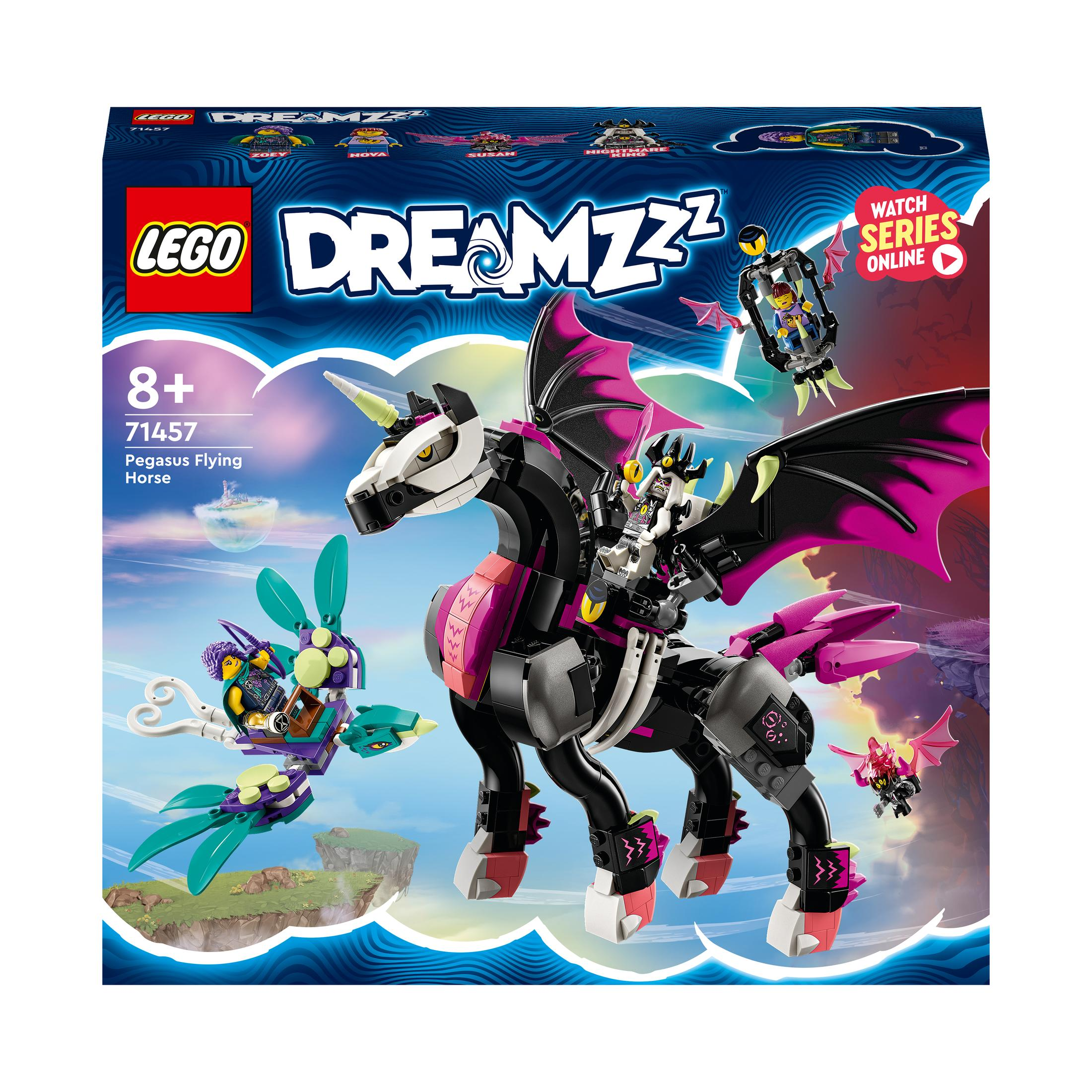 Lego Dreamzzz doosset. Een zwarte Pegasus met paarse vleugels en een figuur die erop rijdt. Personages vliegen.