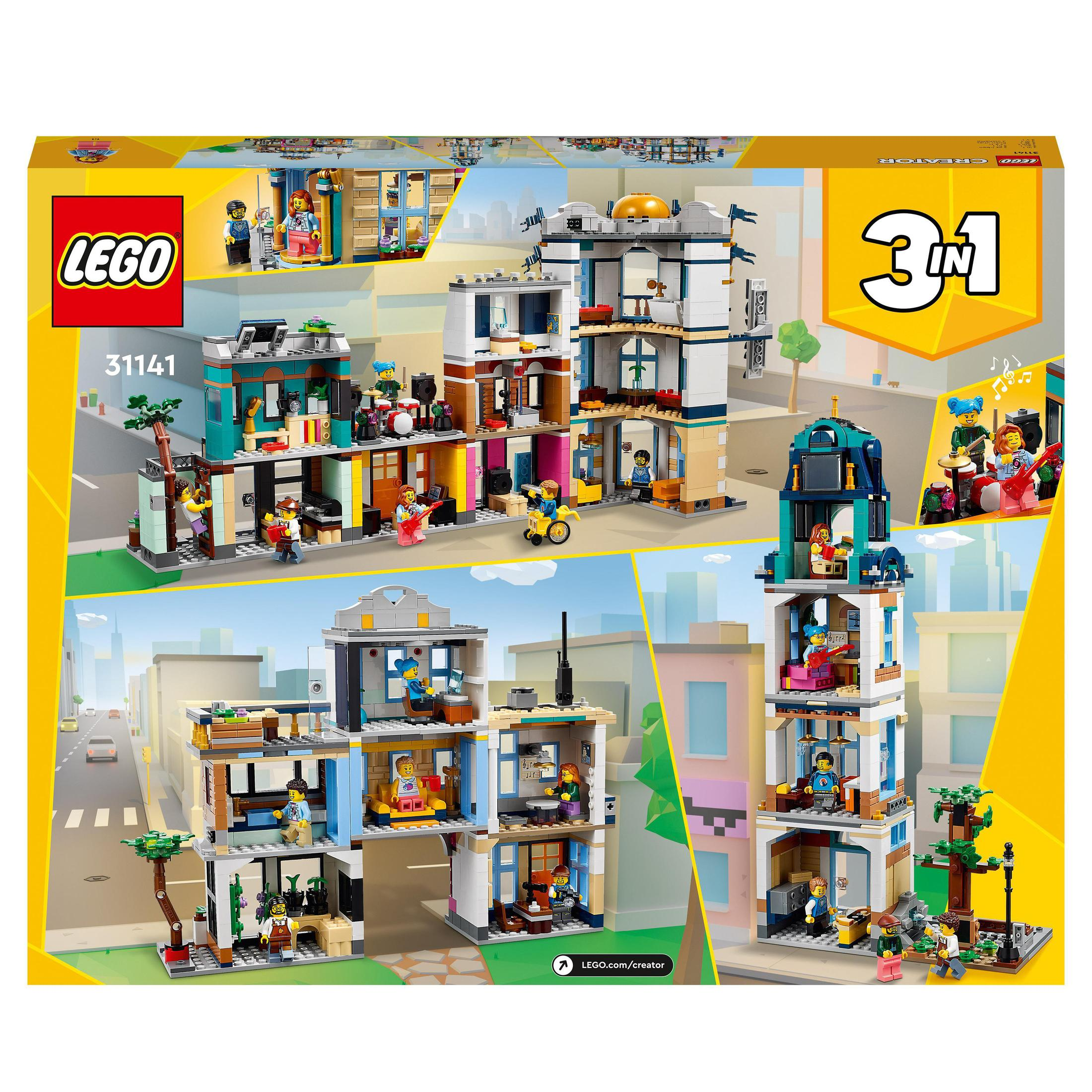Een LEGO-setdoos met meerdere bouwscènes en het 3-in-1 logo.