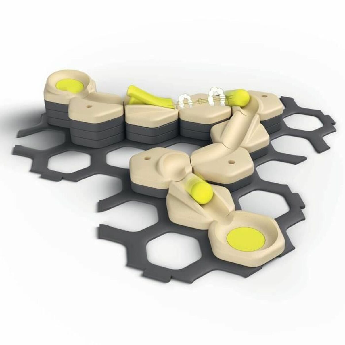 Zabawka z torem kulkowym. Szara podstawa i beżowe elementy z żółtymi kulkami i łącznikami. Białe tło.