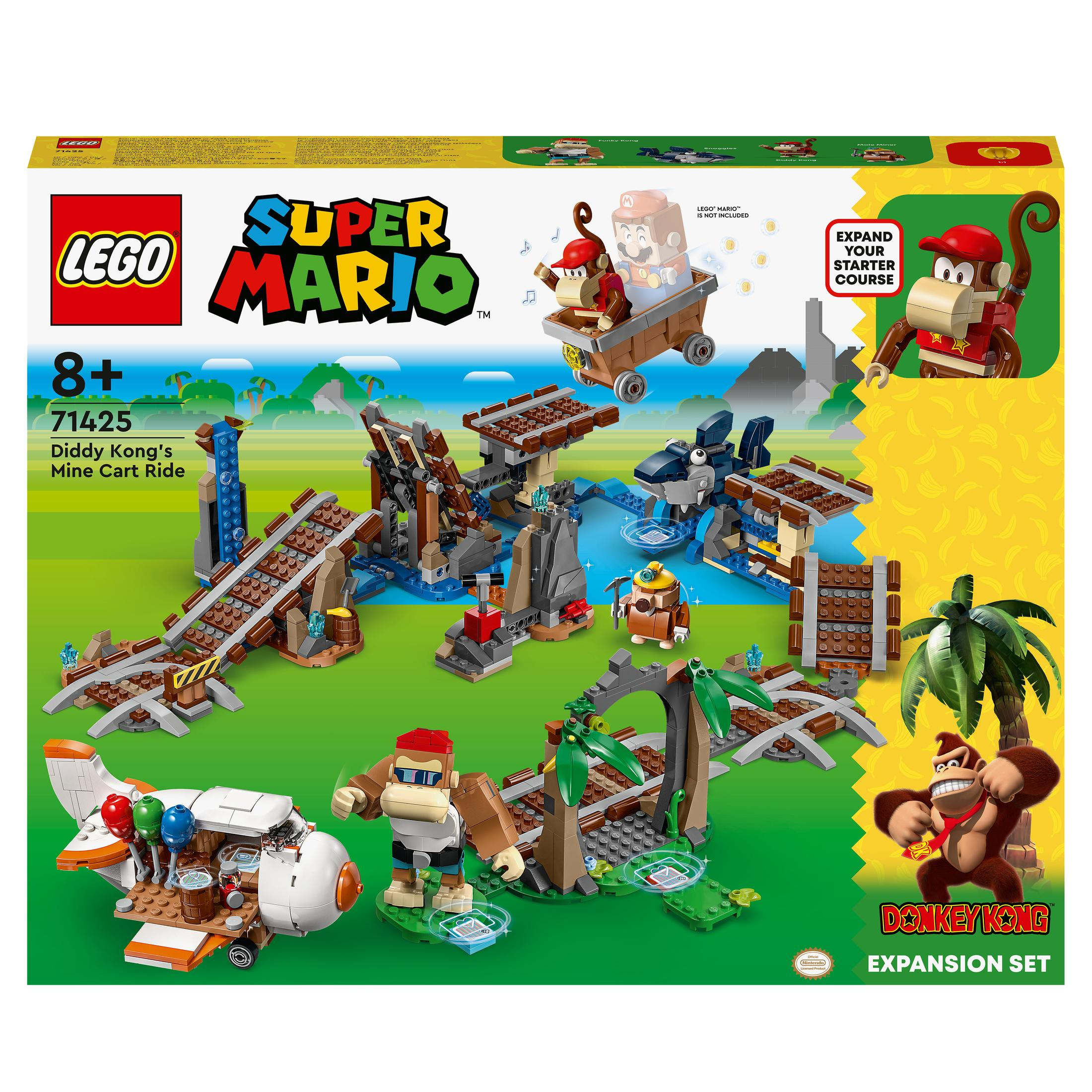 Lego Super Mario set doos met personages en een mijnkarrenstructuur.