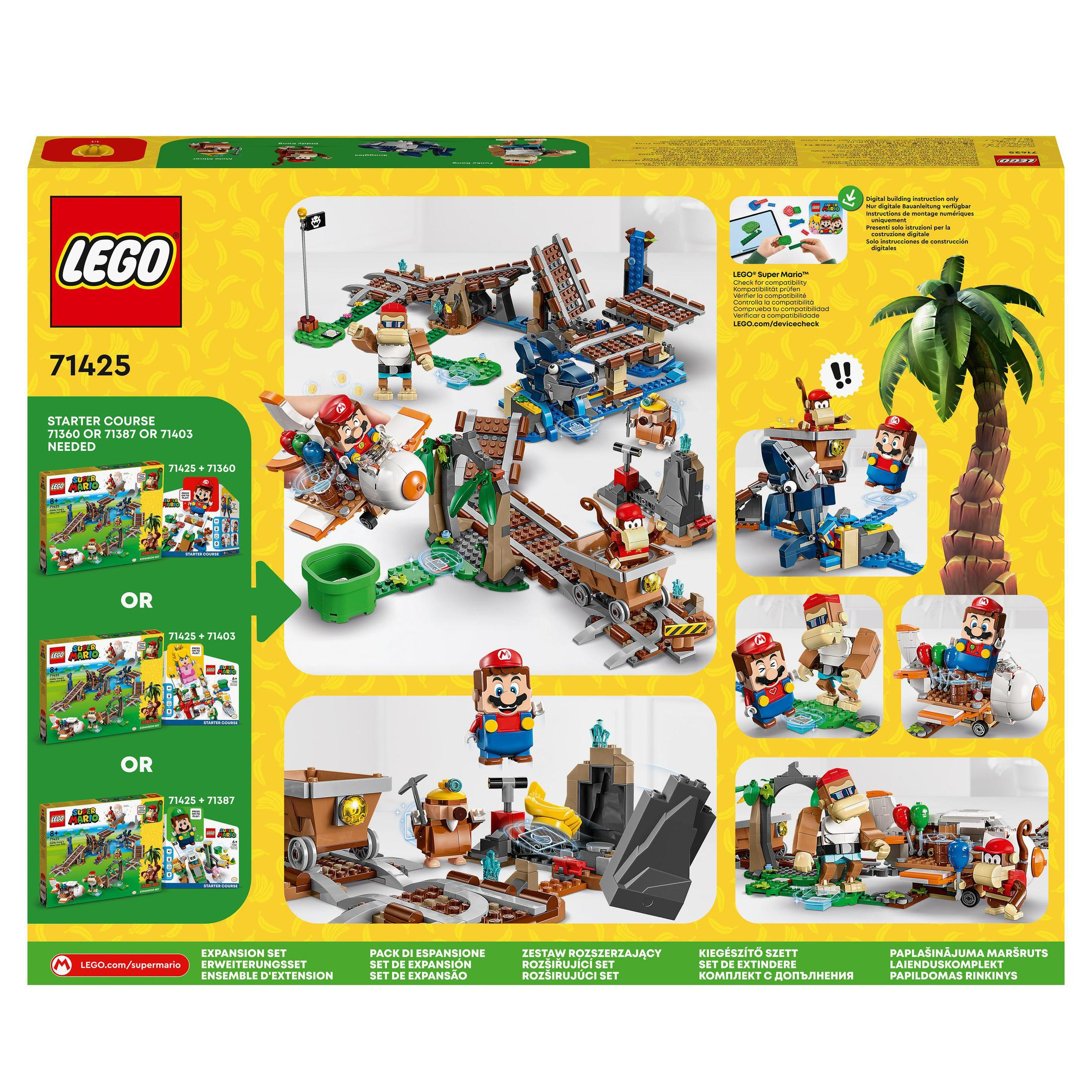 Achterkant van de LEGO-doos met de constructie met minifiguren in verschillende scenario's.
